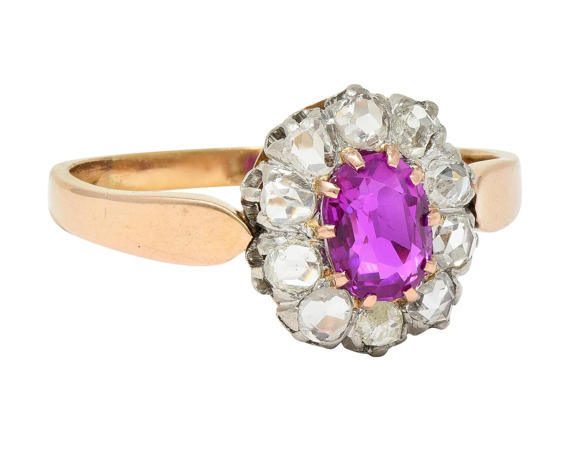 Edwardian 2.00 CTW No Heat Burma Pink Sapphire Diamond Platinum 14 Karat Rose Gold Halo Antique Ring GIA - Image 2