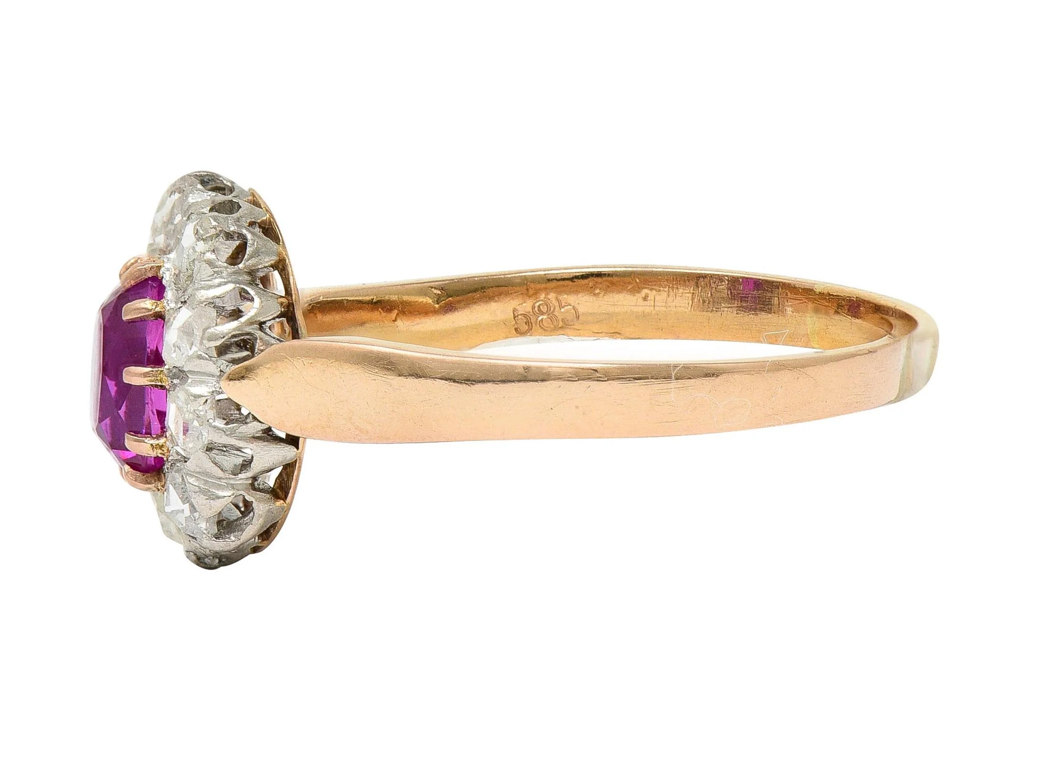 Edwardian 2.00 CTW No Heat Burma Pink Sapphire Diamond Platinum 14 Karat Rose Gold Halo Antique Ring GIA - Image 5