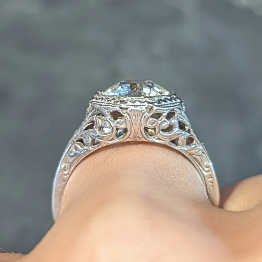 Edwardian 2.07 CTW Old European Cut Diamond 14 Karat White Gold Antique Ribbon Solitaire Engagement Ring GIA - Image 13