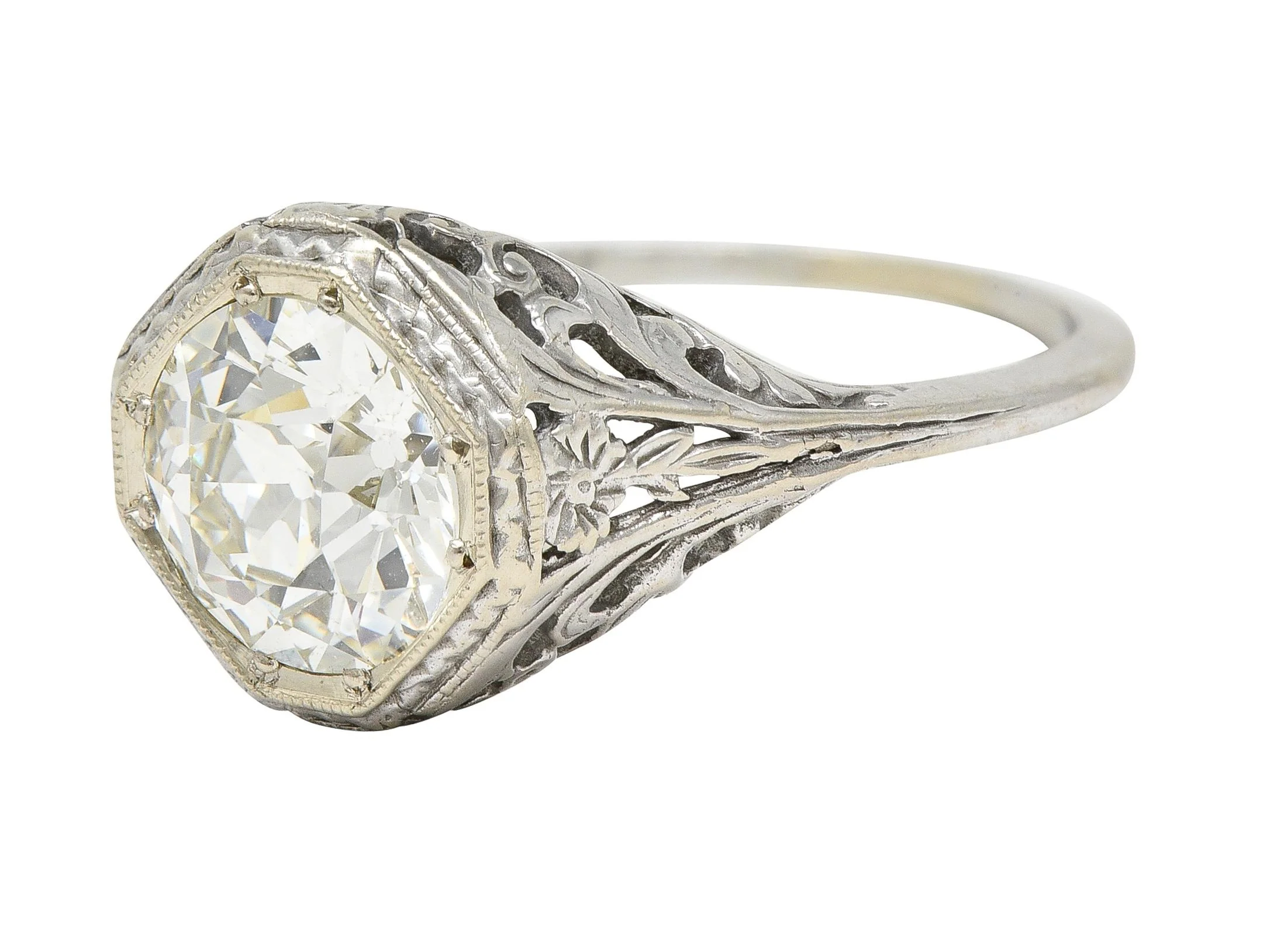 Edwardian 2.07 CTW Old European Cut Diamond 14 Karat White Gold Antique Ribbon Solitaire Engagement Ring GIA - Image 7