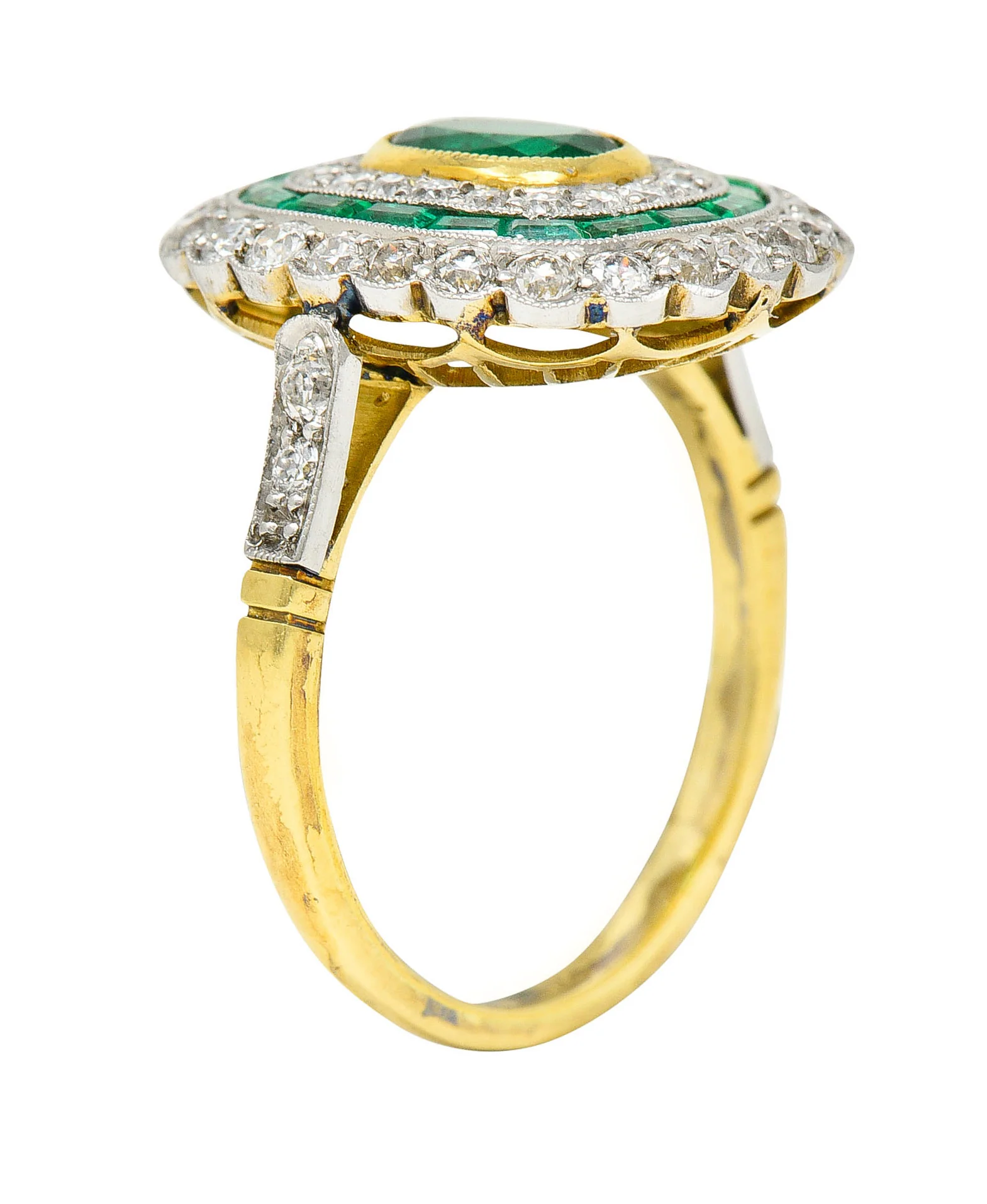 Edwardian 2.15 CTW Emerald Diamond Platinum-Topped 18 Karat Gold Dinner Ring - Image 2
