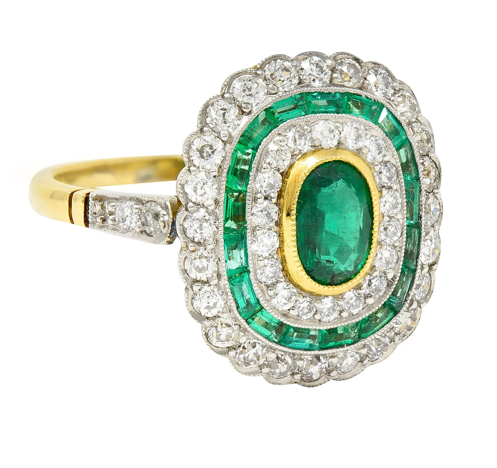 Edwardian 2.15 CTW Emerald Diamond Platinum-Topped 18 Karat Gold Dinner Ring - Image 3