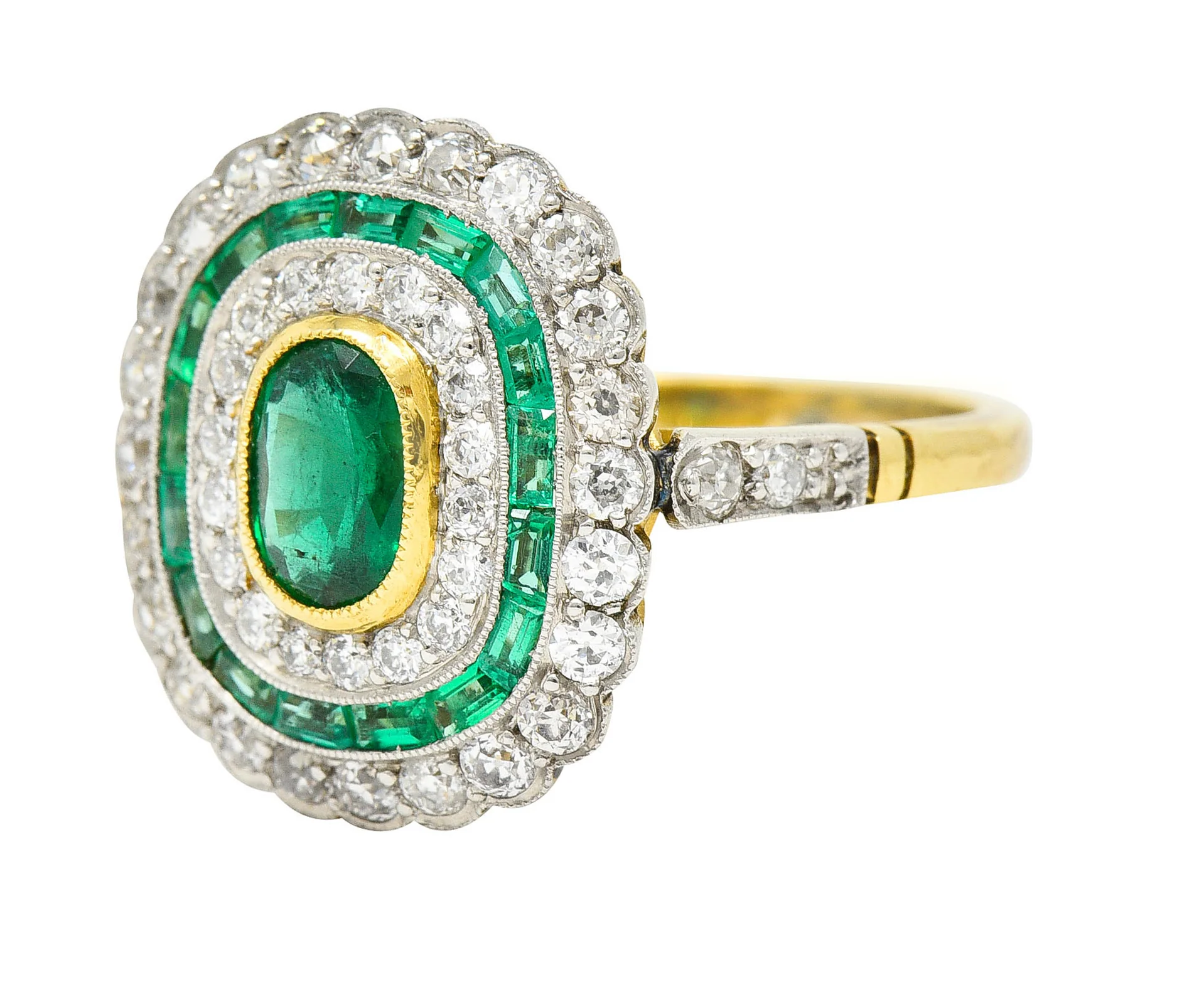 Edwardian 2.15 CTW Emerald Diamond Platinum-Topped 18 Karat Gold Dinner Ring - Image 7