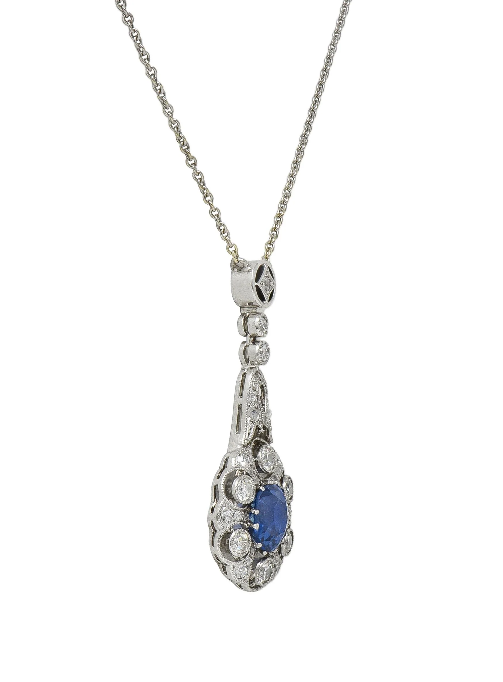 Edwardian 2.33 CTW No Heat Burma Sapphire Diamond Platinum Antique Drop Necklace GIA - Image 6