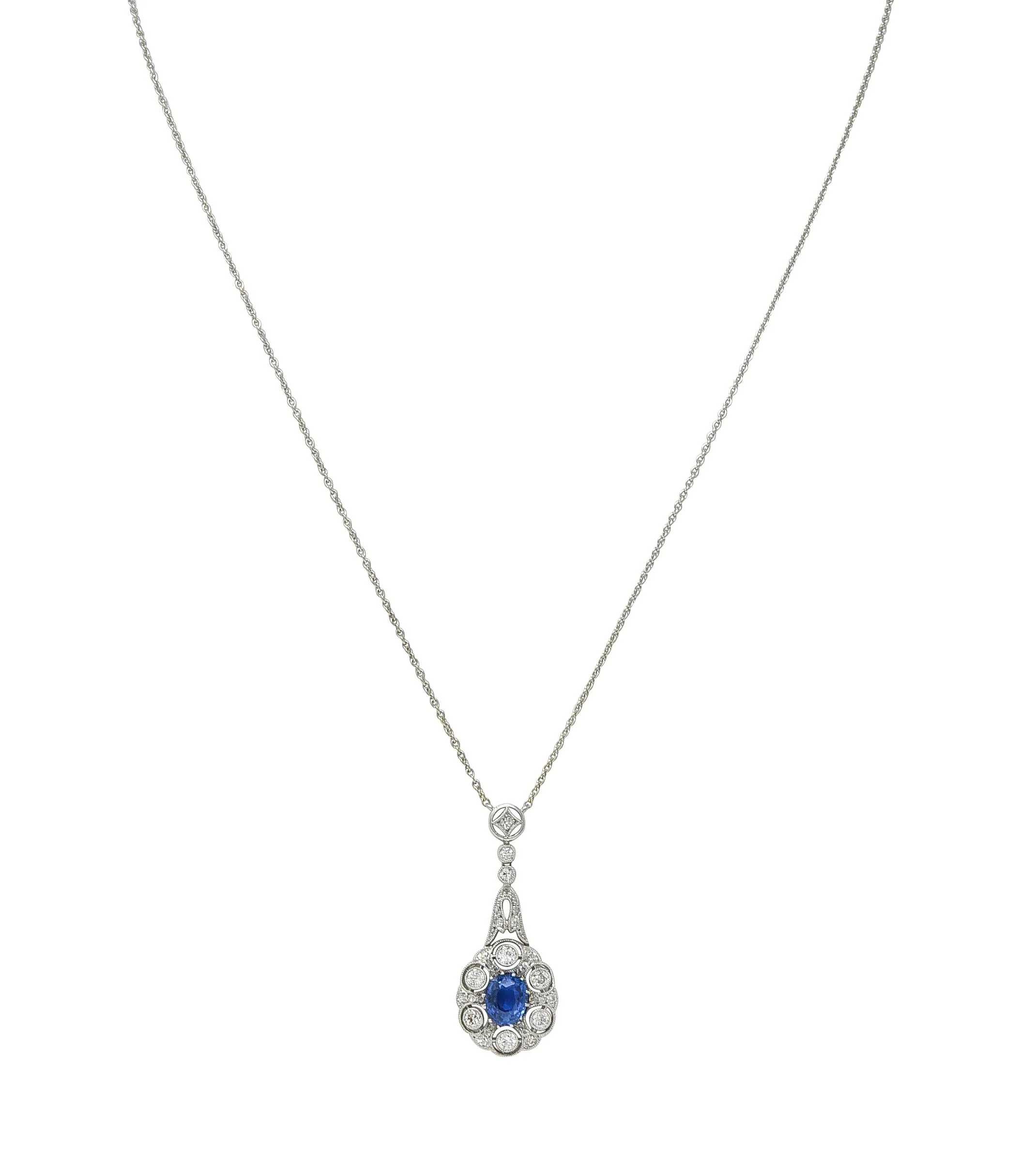 Edwardian 2.33 CTW No Heat Burma Sapphire Diamond Platinum Antique Drop Necklace GIA - Image 7