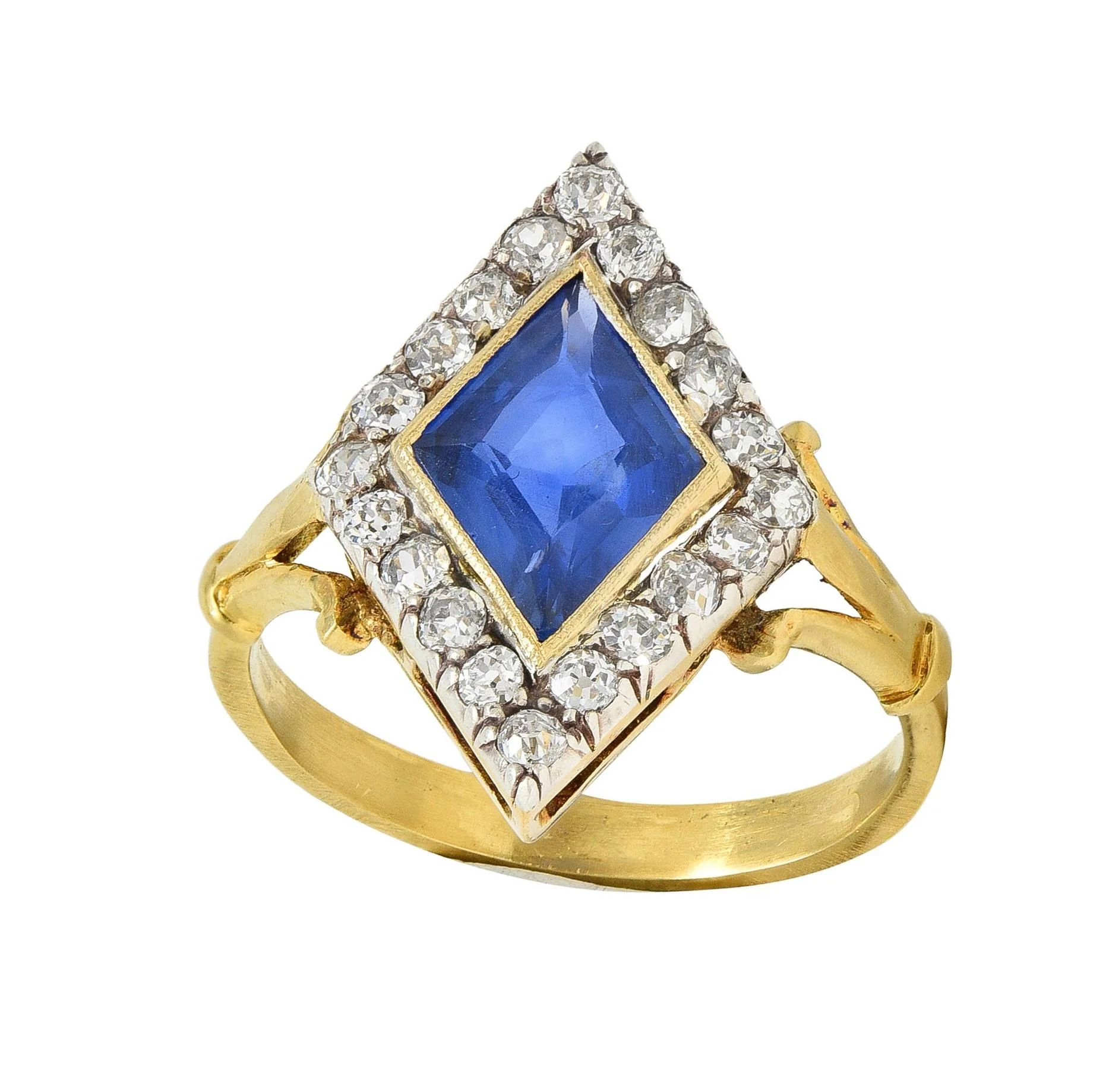 Edwardian 2.40 CTW No Heat Ceylon Sapphire Diamond Silver 18 Karat Gold Antique Navette Ring GIA - Image 10