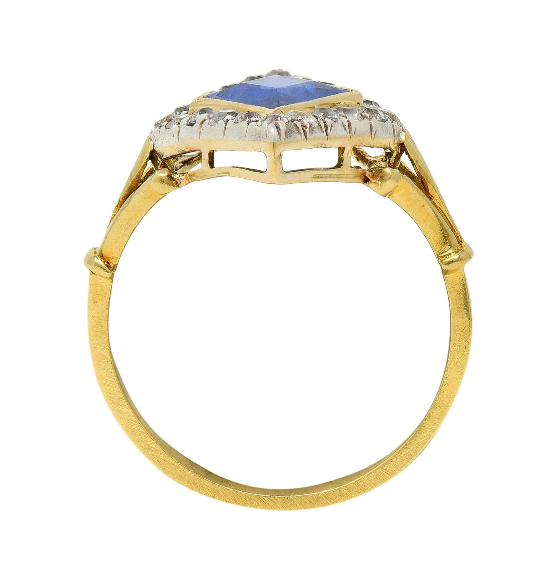 Edwardian 2.40 CTW No Heat Ceylon Sapphire Diamond Silver 18 Karat Gold Antique Navette Ring GIA - Image 9