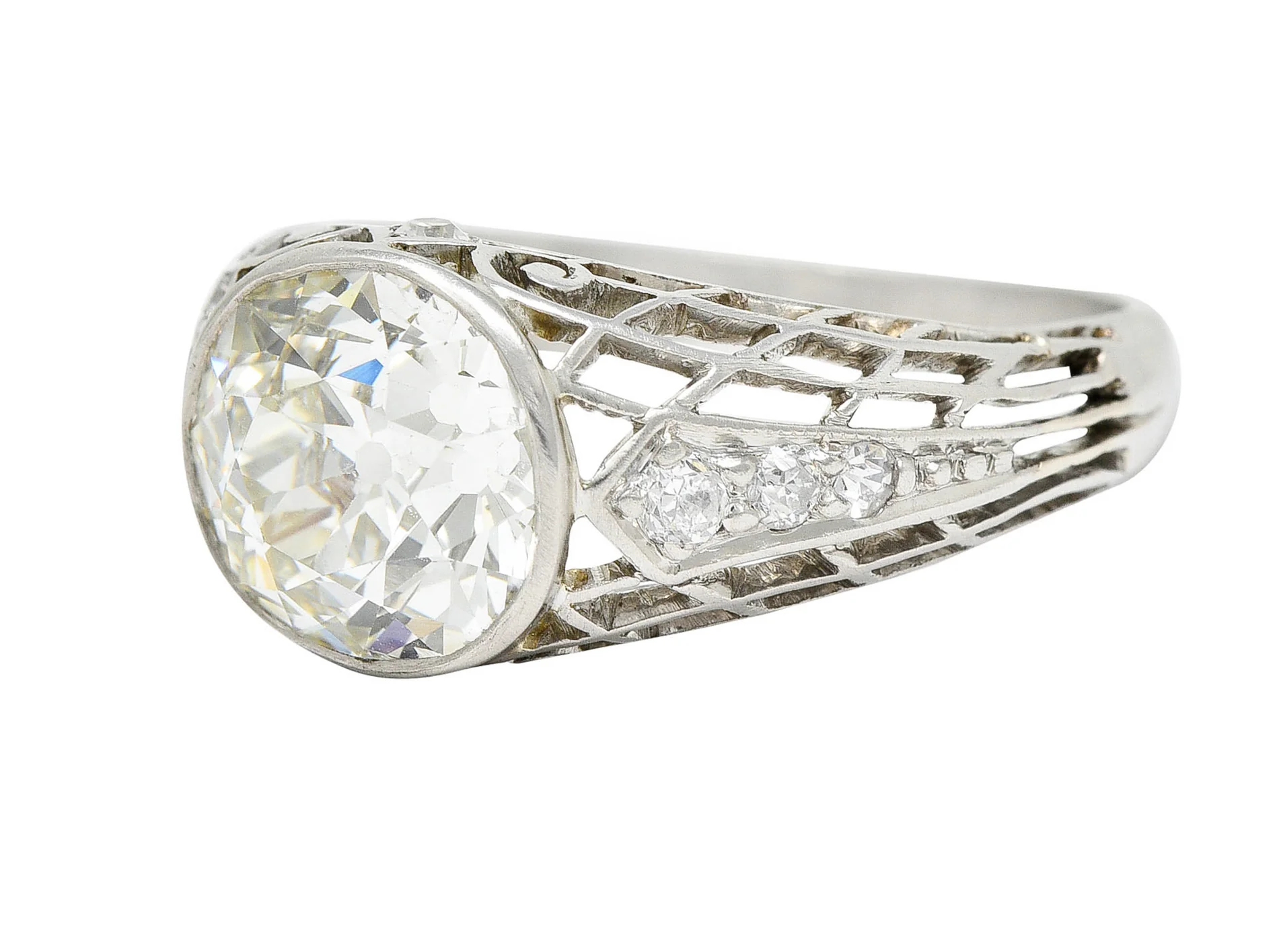 Edwardian 2.40 CTW Old European Diamond Platinum Trellis Engagement Ring - Image 7