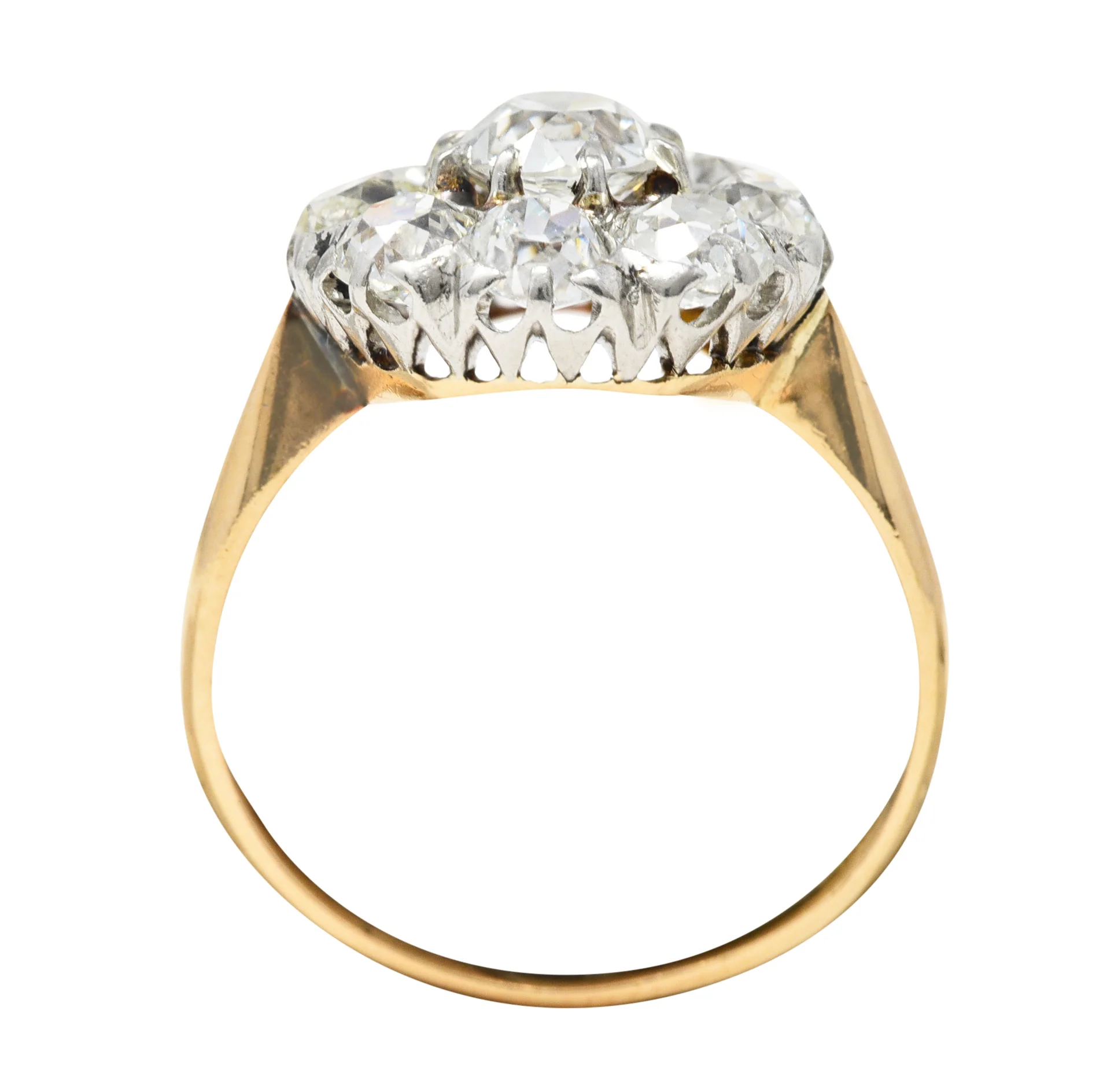 Edwardian 2.40 CTW Old European & Mine Cut Diamond Platinum-Topped 18 Karat Yellow Gold Antique Cluster Engagement Ring - Image 7
