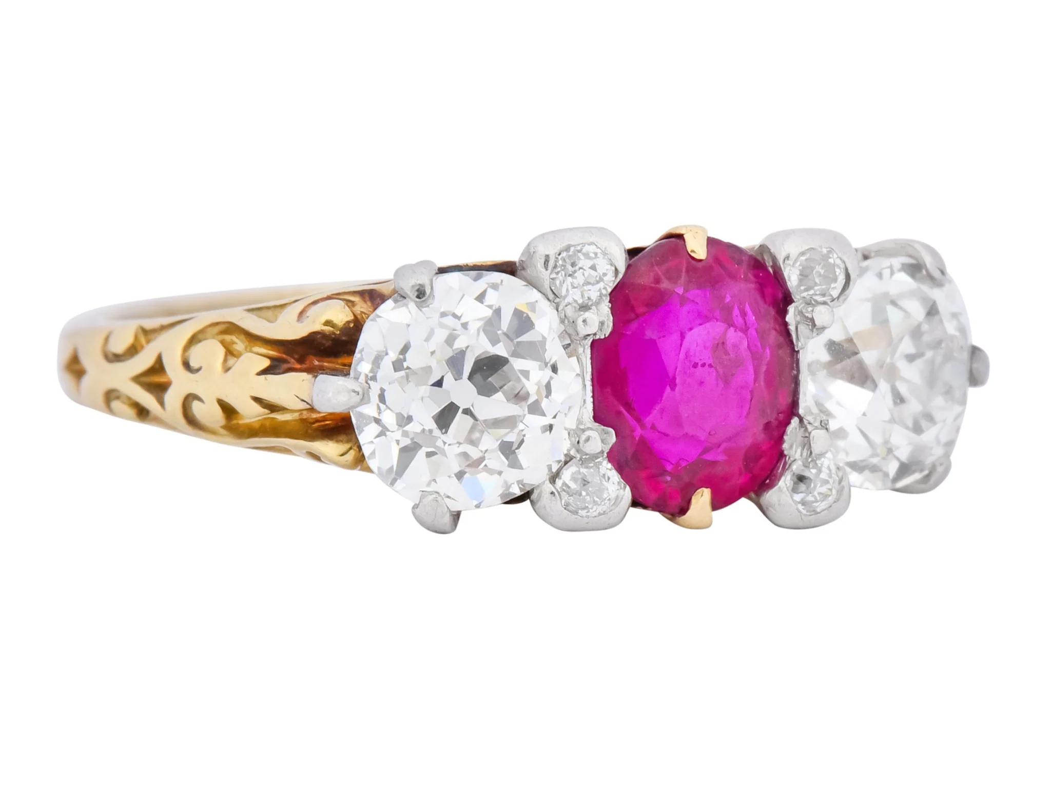 Edwardian 2.48 CTW Burma Ruby Diamond 18 Karat Gold Platinum Three Stone Ring - Image 2