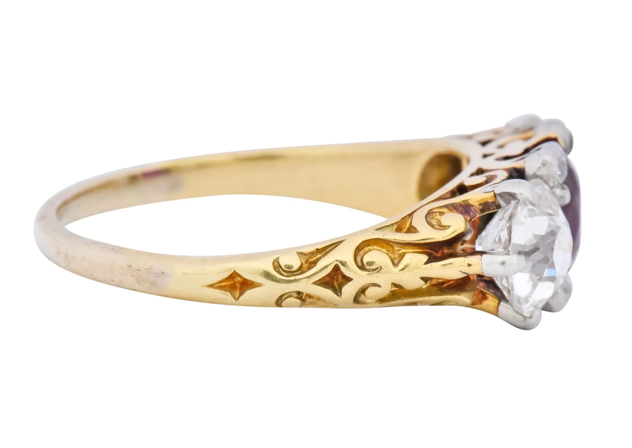 Edwardian 2.48 CTW Burma Ruby Diamond 18 Karat Gold Platinum Three Stone Ring - Image 4