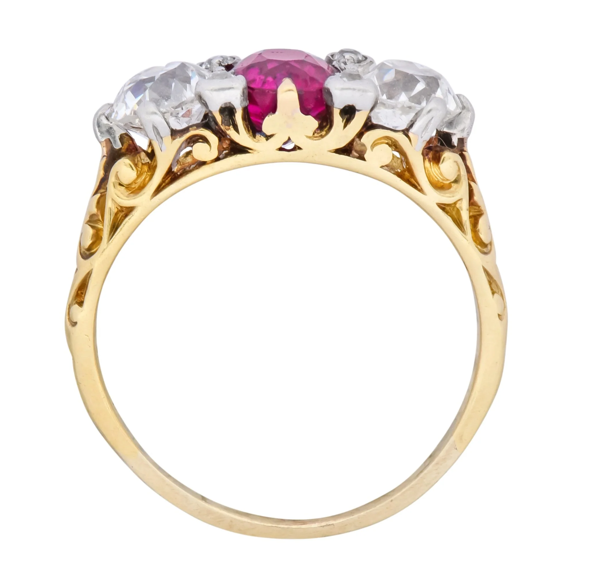 Edwardian 2.48 CTW Burma Ruby Diamond 18 Karat Gold Platinum Three Stone Ring - Image 7