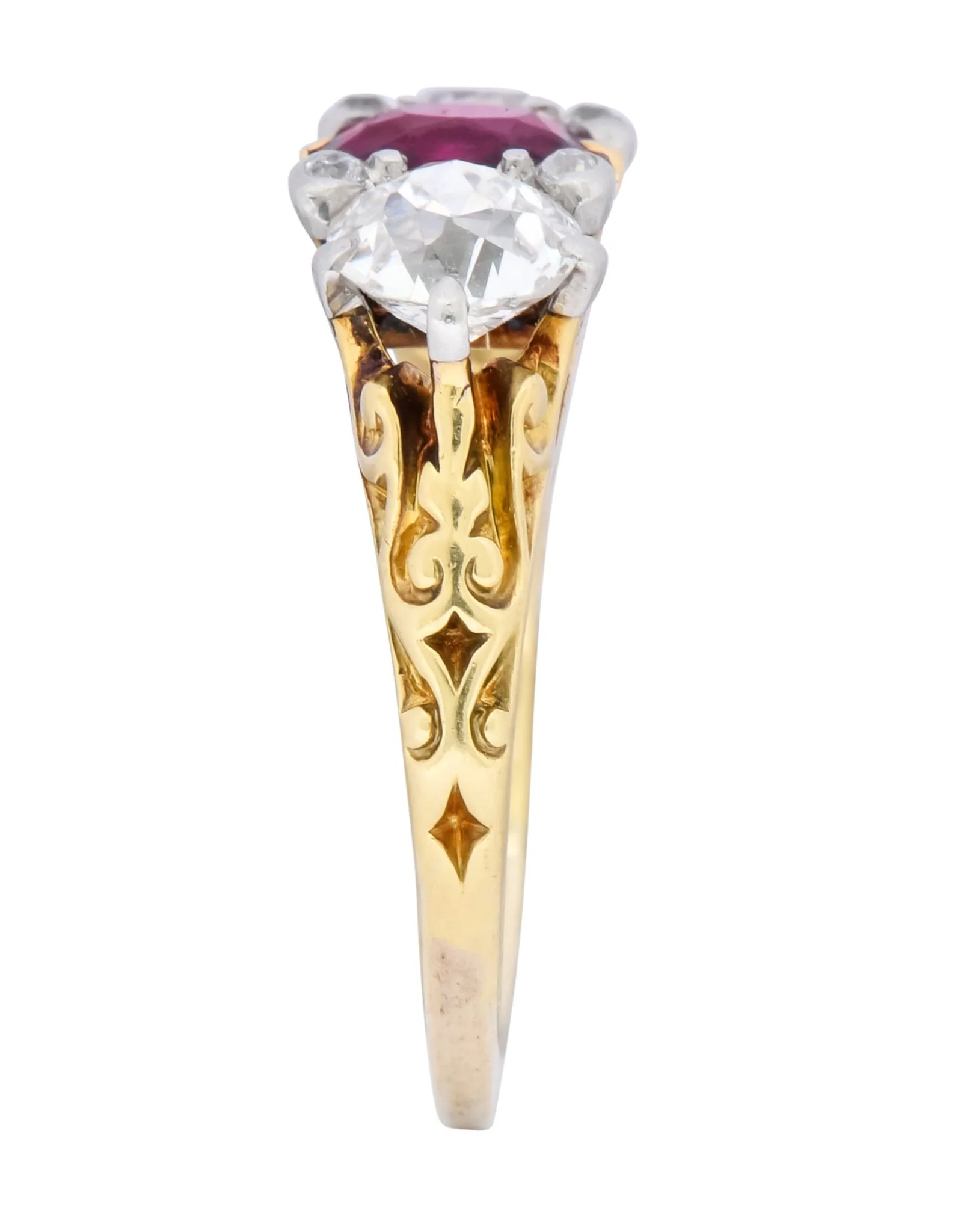 Edwardian 2.48 CTW Burma Ruby Diamond 18 Karat Gold Platinum Three Stone Ring - Image 8