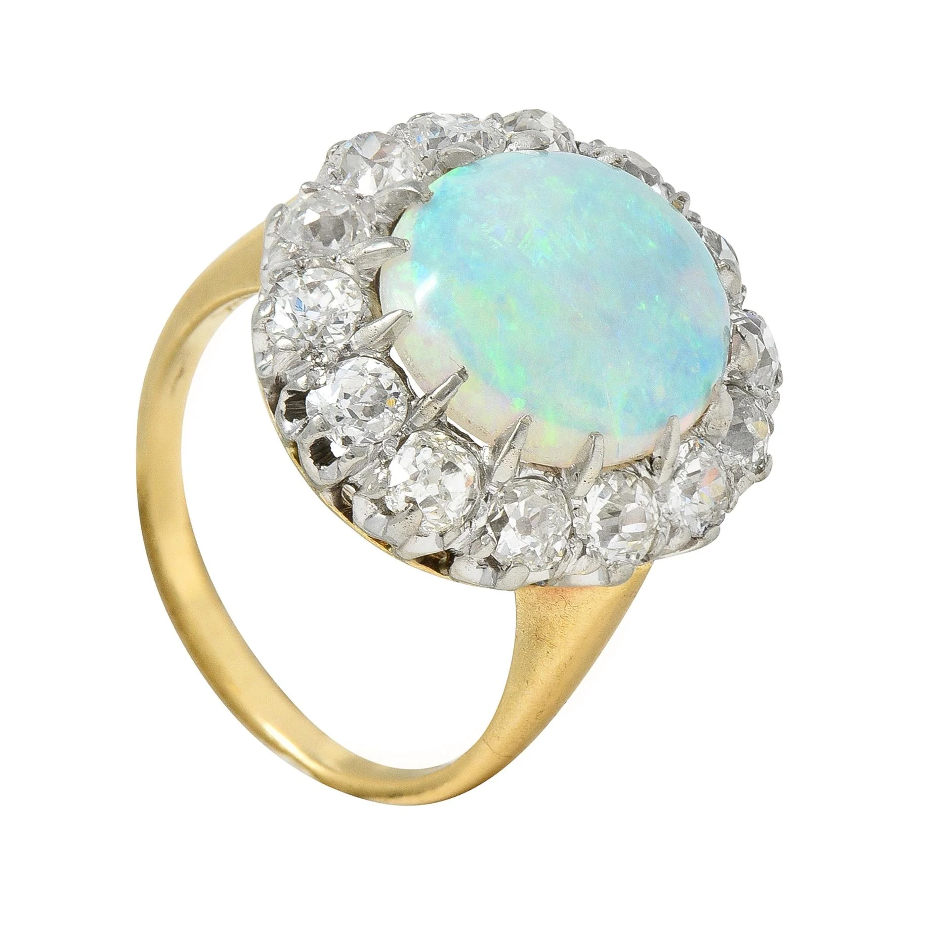 Edwardian 2.52 CTW Old Mine Diamond Opal Cabochon 14 Karat Yellow Gold Antique Cluster Ring - Image 15