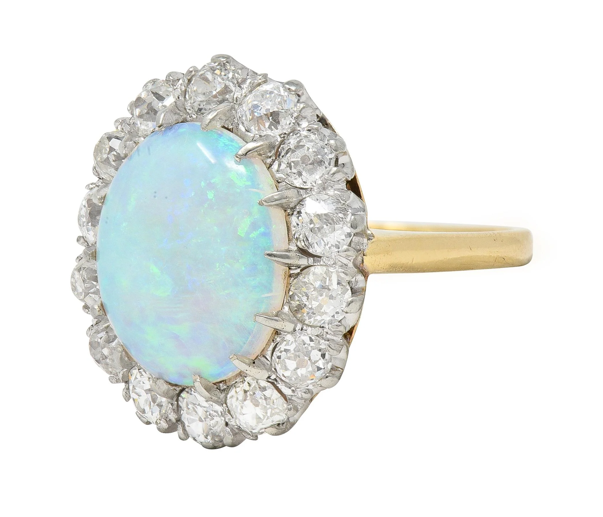 Edwardian 2.52 CTW Old Mine Diamond Opal Cabochon 14 Karat Yellow Gold Antique Cluster Ring - Image 8