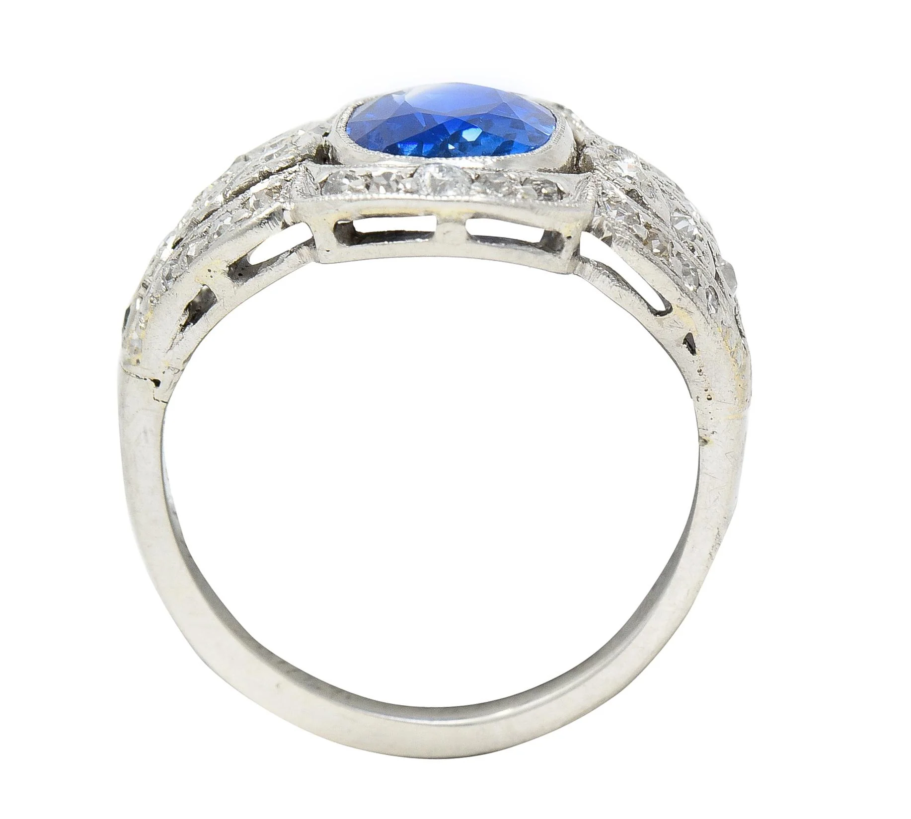 Edwardian 2.56 CTW Cushion Cut No Heat Burma Sapphire Diamond Platinum Foliate Antique Dinner Ring AGL - Image 10