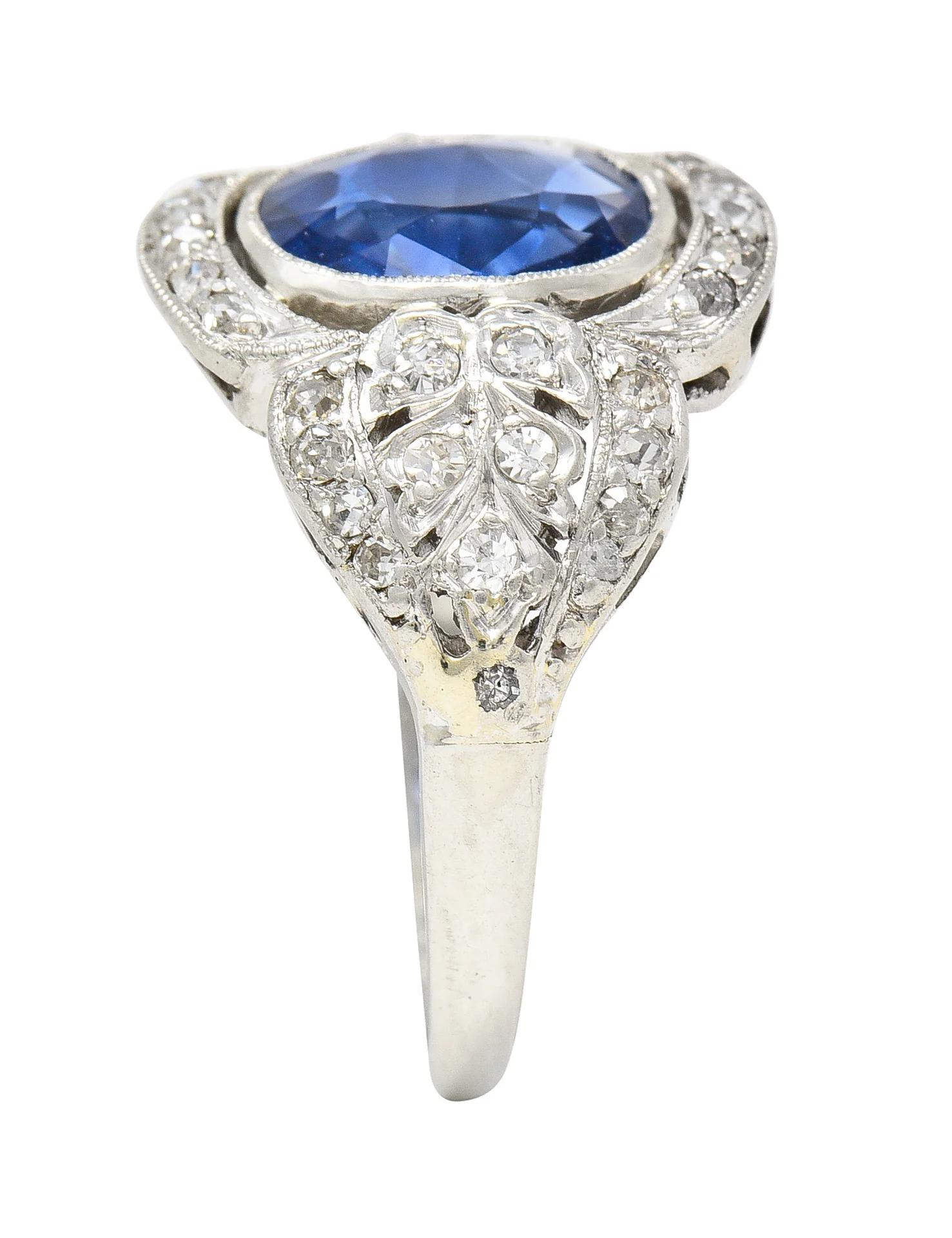 Edwardian 2.56 CTW Cushion Cut No Heat Burma Sapphire Diamond Platinum Foliate Antique Dinner Ring AGL - Image 11