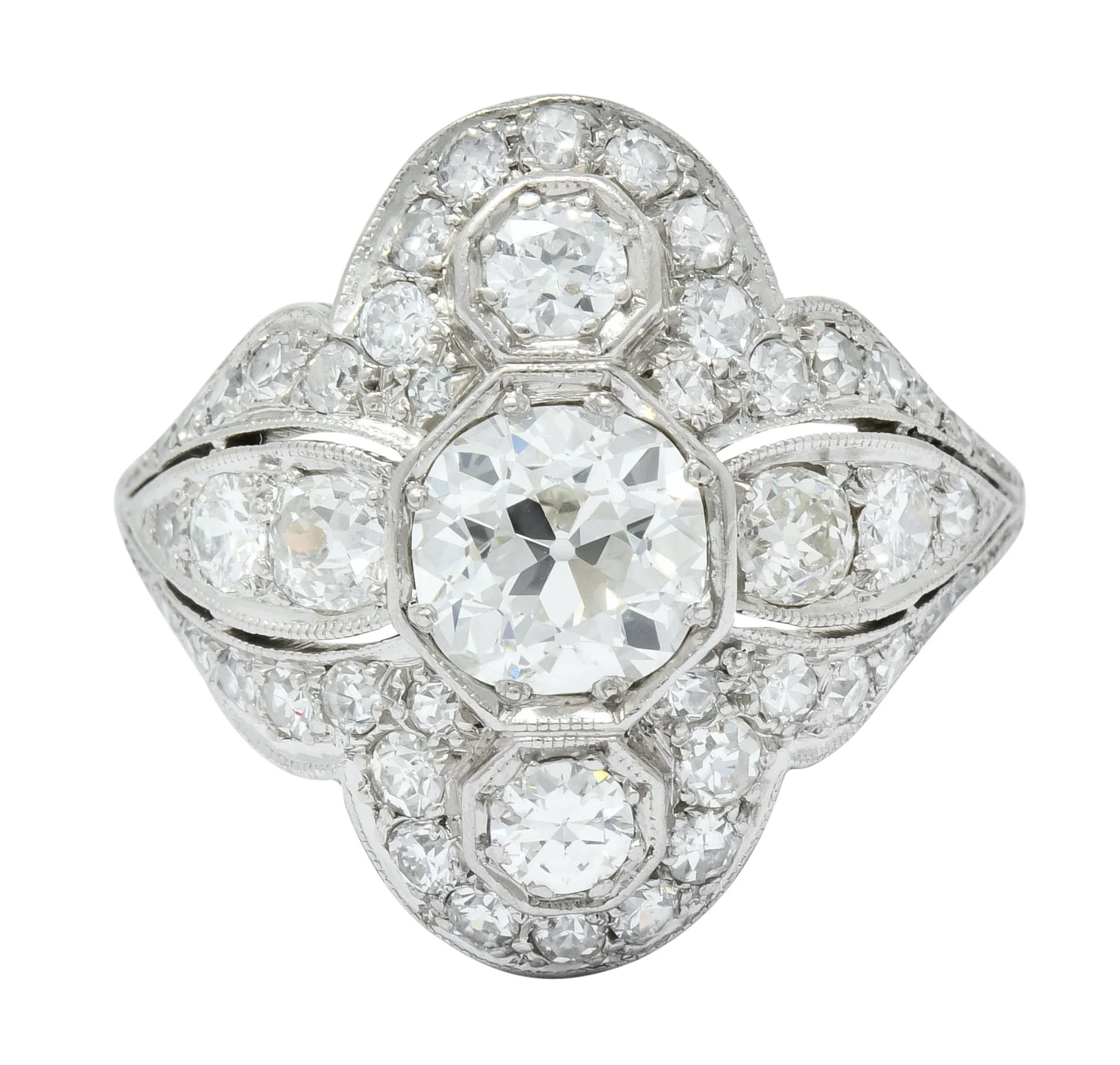Edwardian 2.60 CTW Old European Diamond Platinum Quatrefoil Dinner Ring