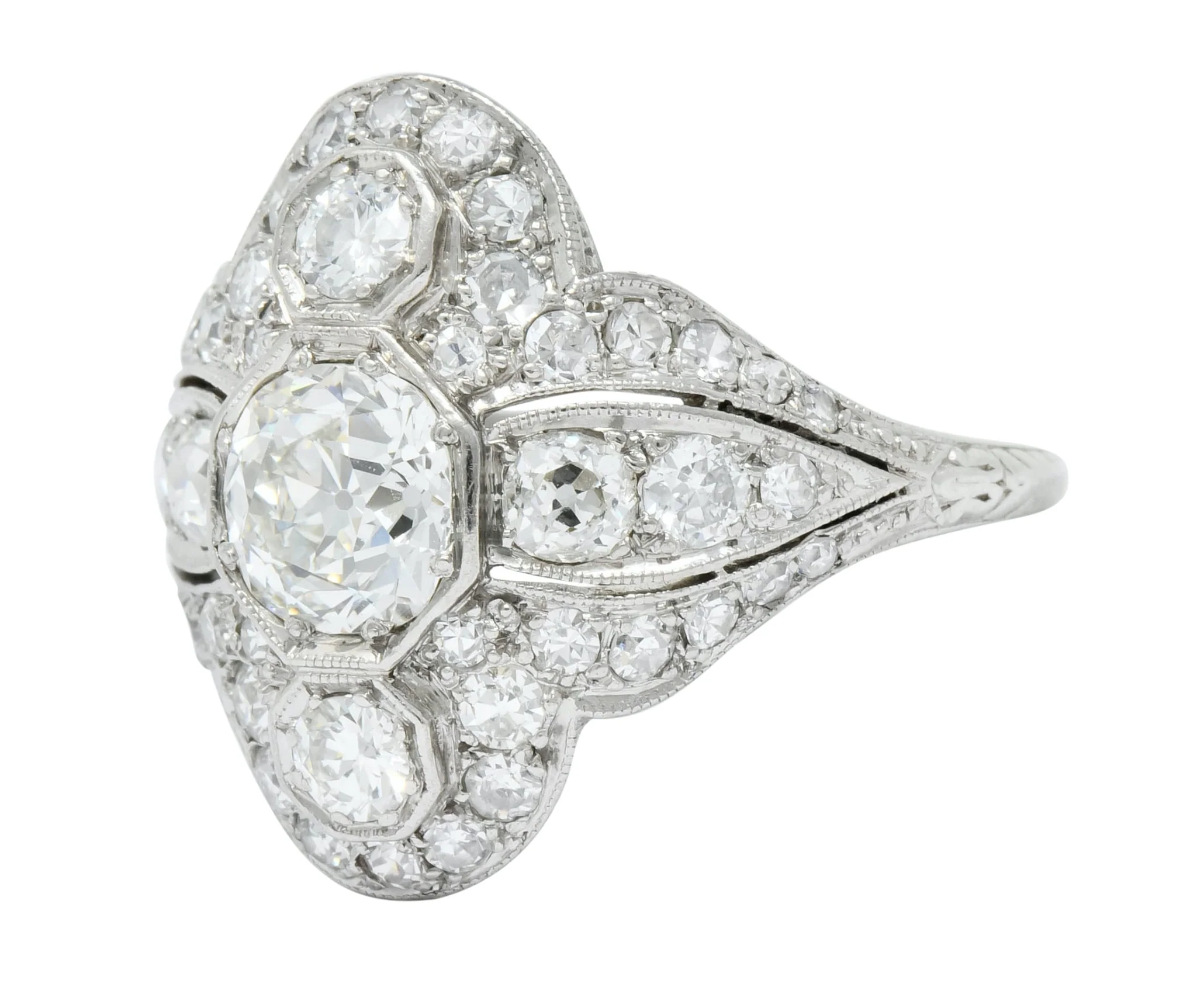Edwardian 2.60 CTW Old European Diamond Platinum Quatrefoil Dinner Ring - Image 6