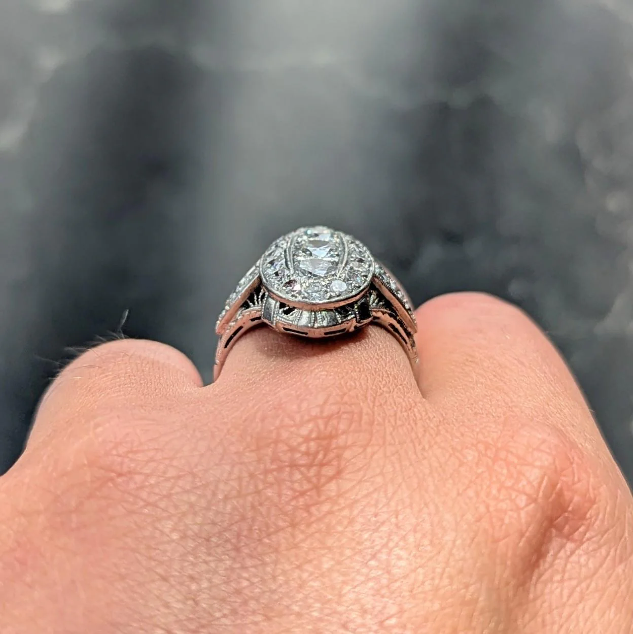 Edwardian 2.68 CTW Diamond Platinum Antique Scrolling Navette Dinner Ring - Image 10