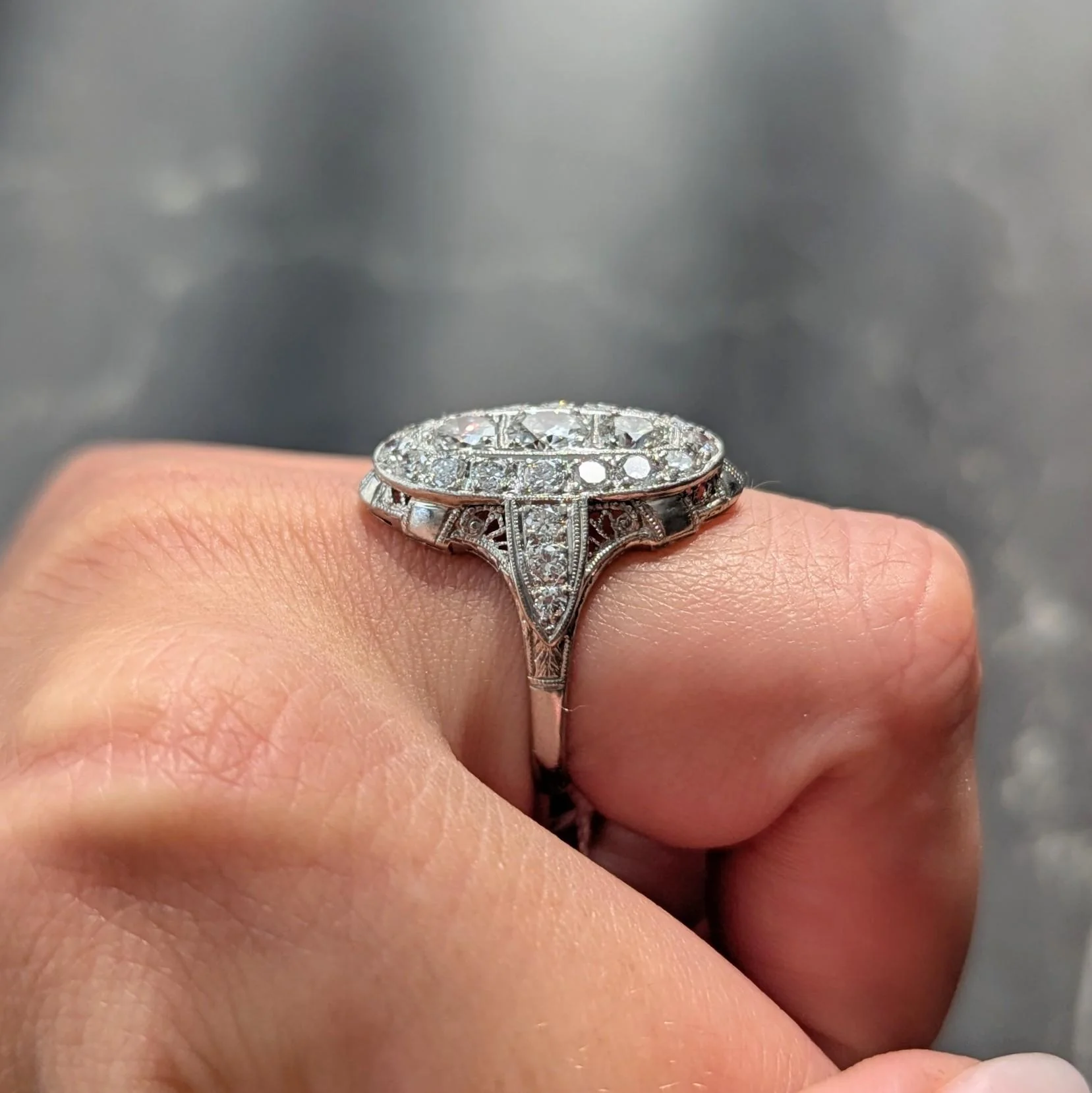 Edwardian 2.68 CTW Diamond Platinum Antique Scrolling Navette Dinner Ring - Image 11
