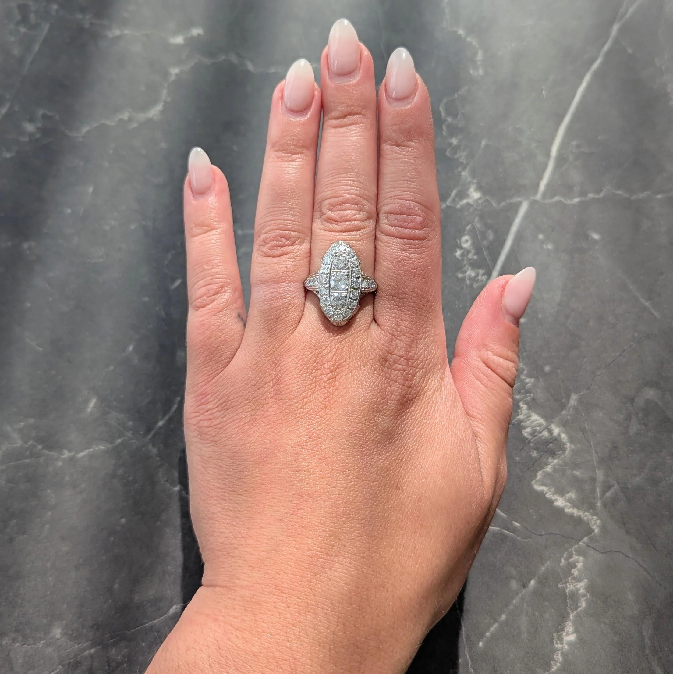 Edwardian 2.68 CTW Diamond Platinum Antique Scrolling Navette Dinner Ring - Image 9