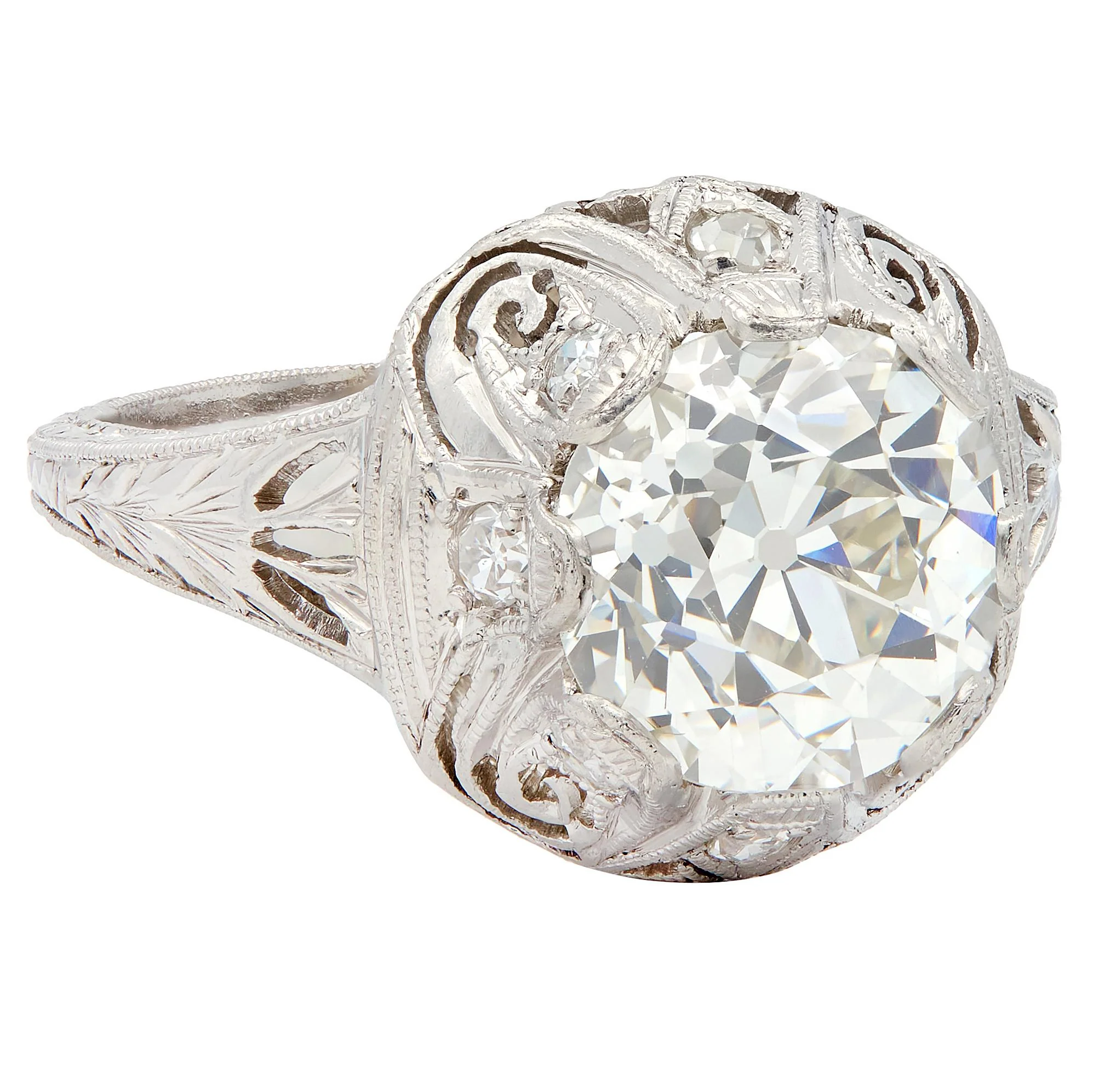 Edwardian 2.70 CTW Diamond Platinum Antique Scroll Engagement Ring GIA - Image 3