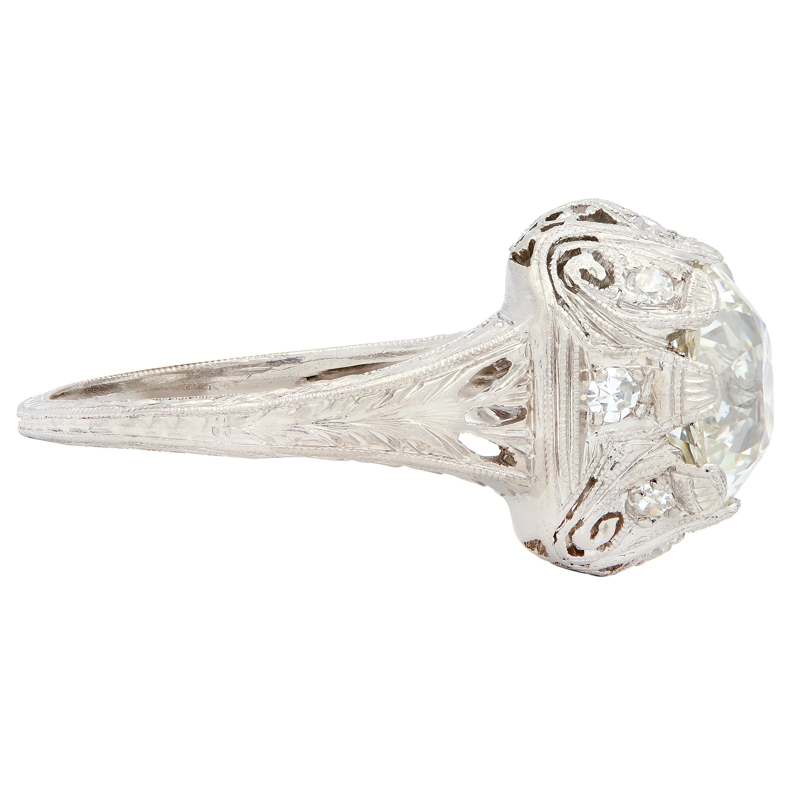 Edwardian 2.70 CTW Diamond Platinum Antique Scroll Engagement Ring GIA - Image 4