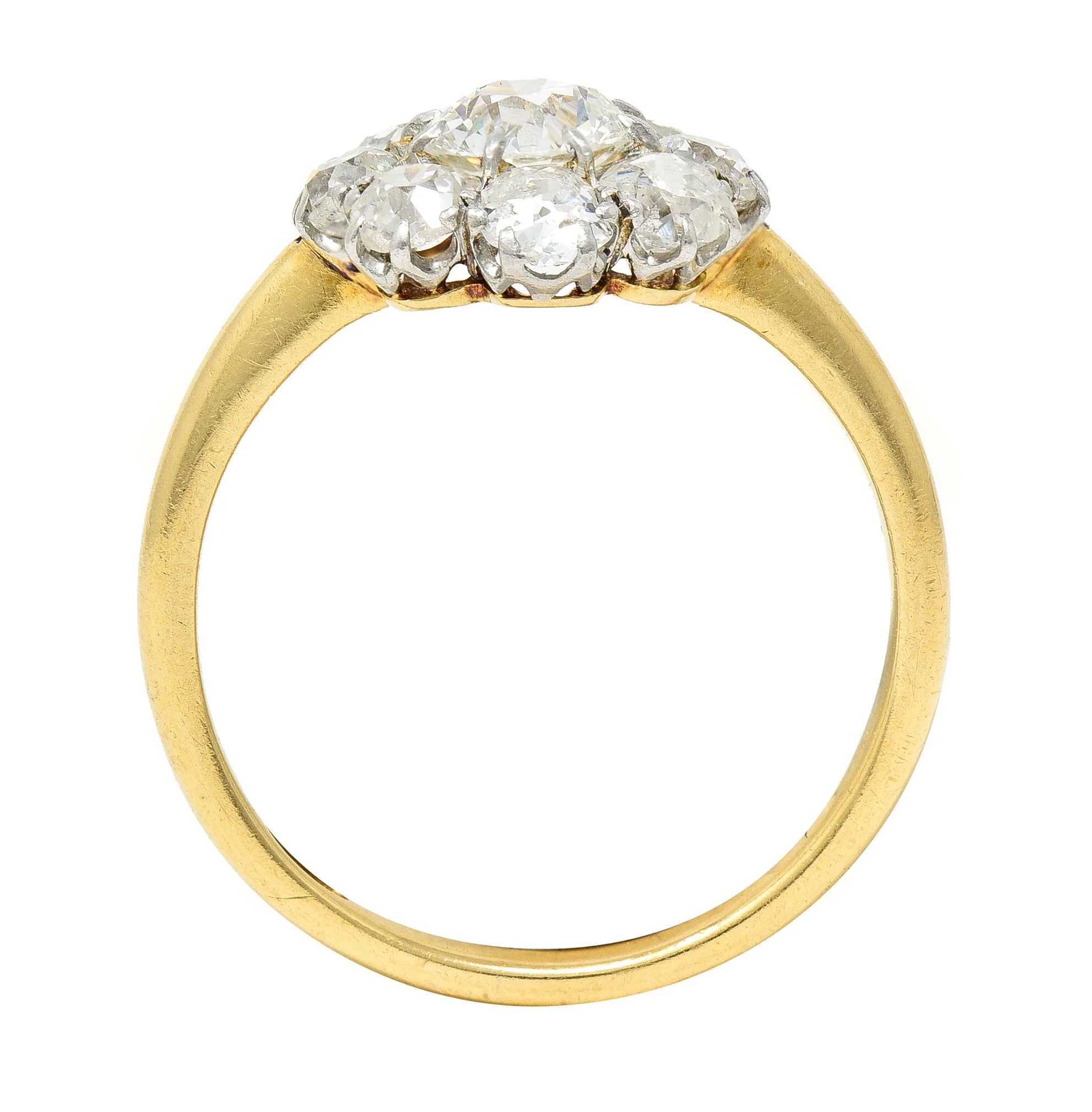 Edwardian 2.77 CTW Old European & Old Mine Cut Diamond Platinum 18 Karat Yellow Gold Antique Cluster Engagement Ring - Image 9