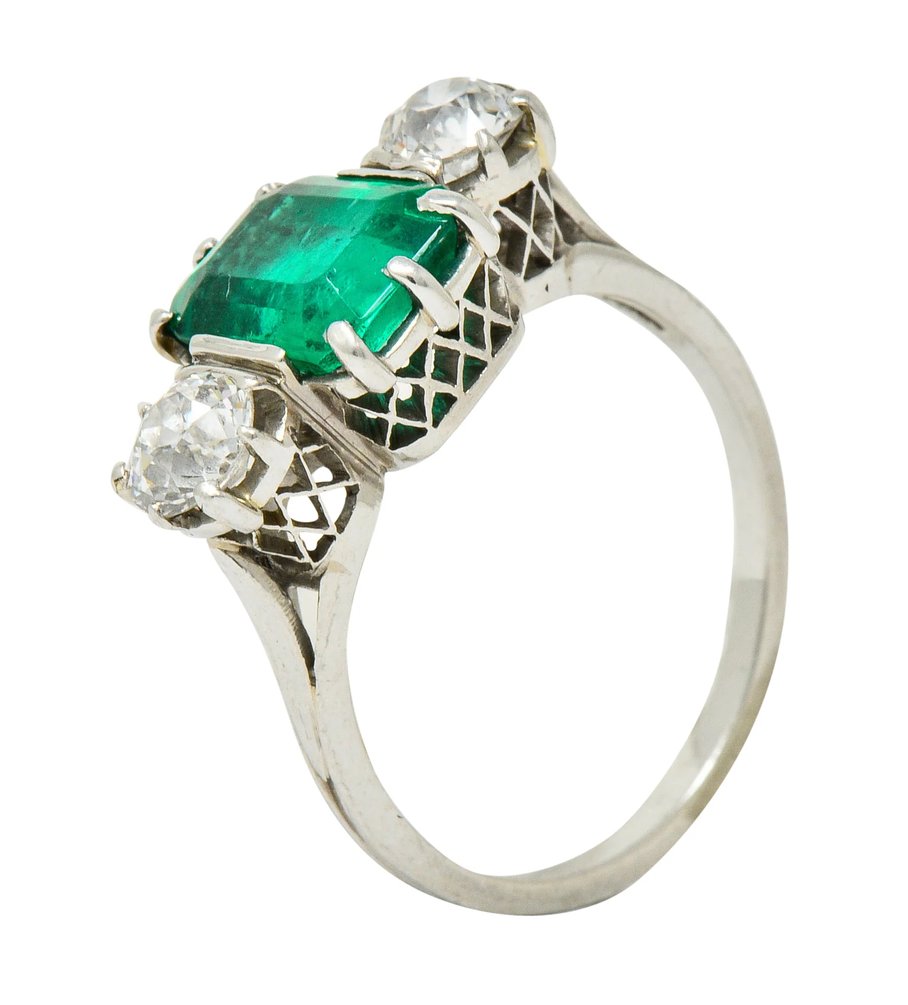 Edwardian 2.80 CTW Colombian Emerald Diamond Platinum Three Stone Ring GIA - Image 10
