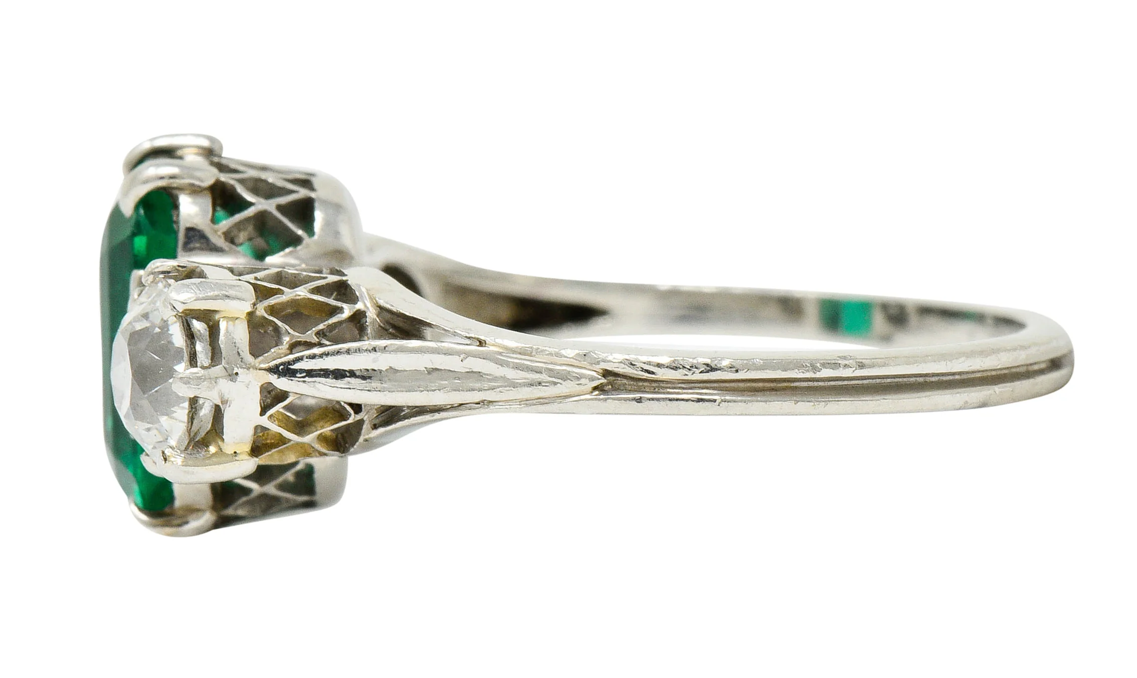 Edwardian 2.80 CTW Colombian Emerald Diamond Platinum Three Stone Ring GIA - Image 6