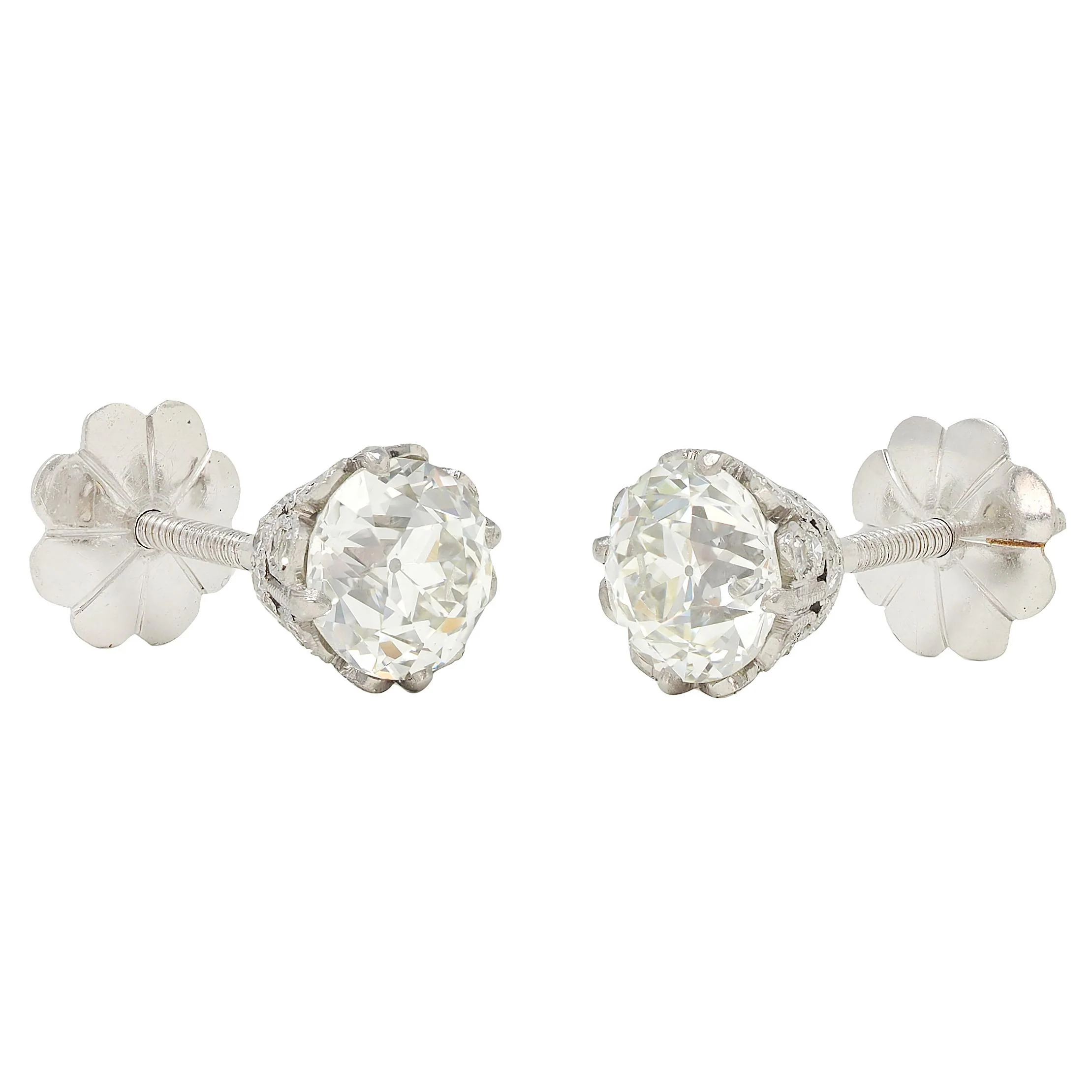 Edwardian 2.80 CTW Old European Diamond Platinum Antique Butterfly Screw-Back Stud Earrings - Image 5