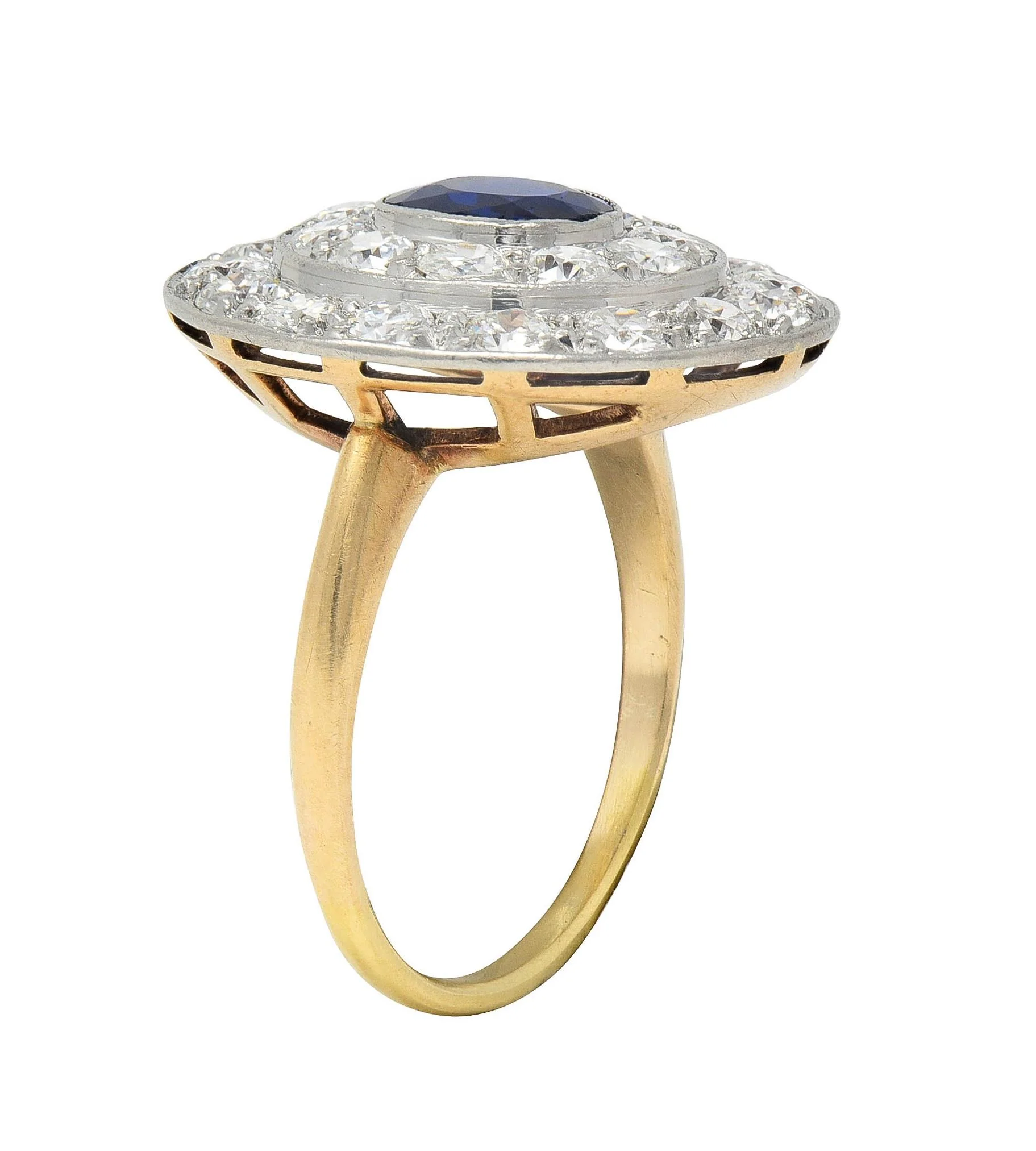 Edwardian 2.80 CTW Sapphire Diamond Platinum 18 Karat Gold Antique Cluster Ring - Image 7