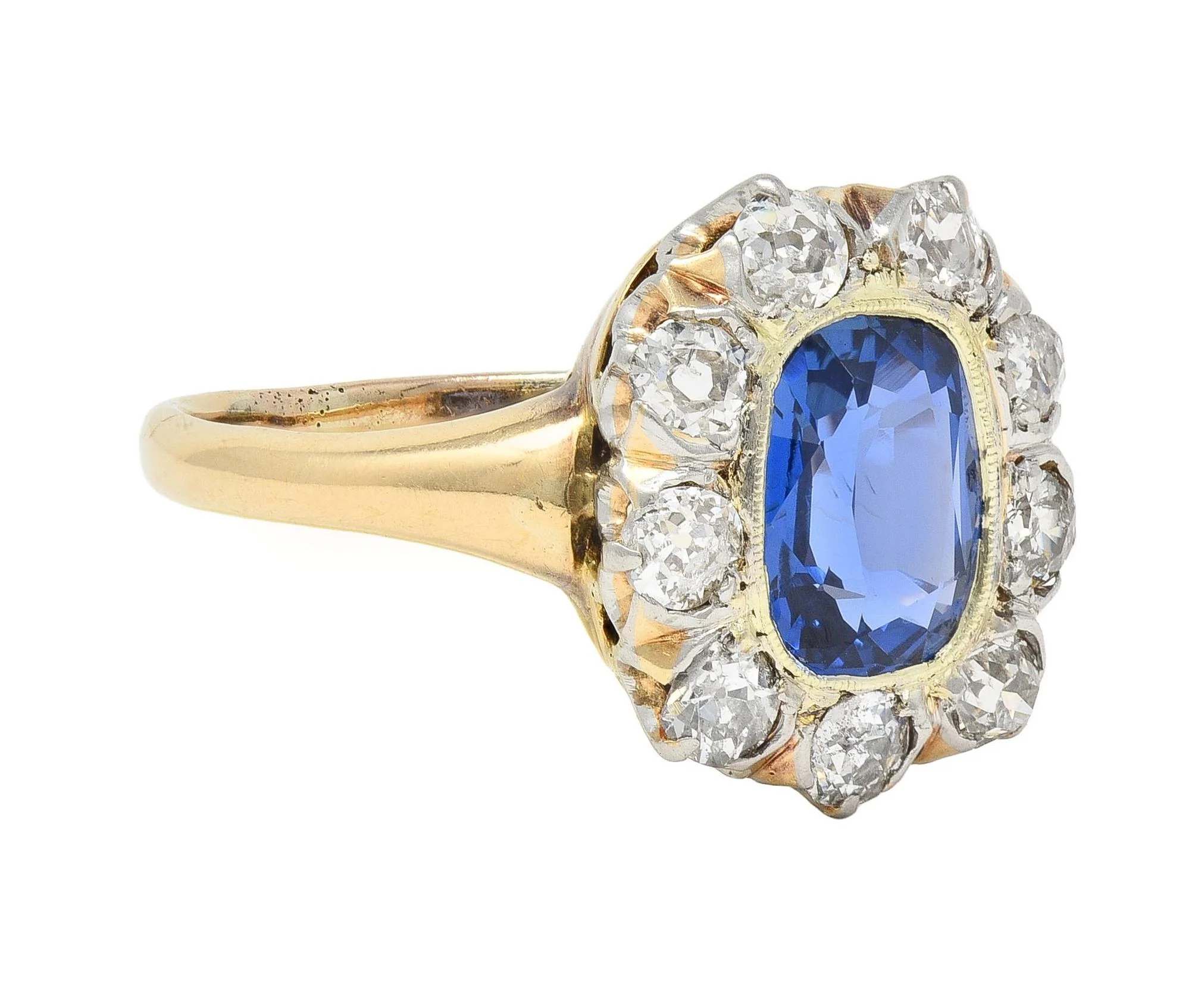 Edwardian 2.83 CTW No Heat Burma Sapphire Diamond Platinum 18 Karat Gold Antique Halo Ring GIA - Image 2