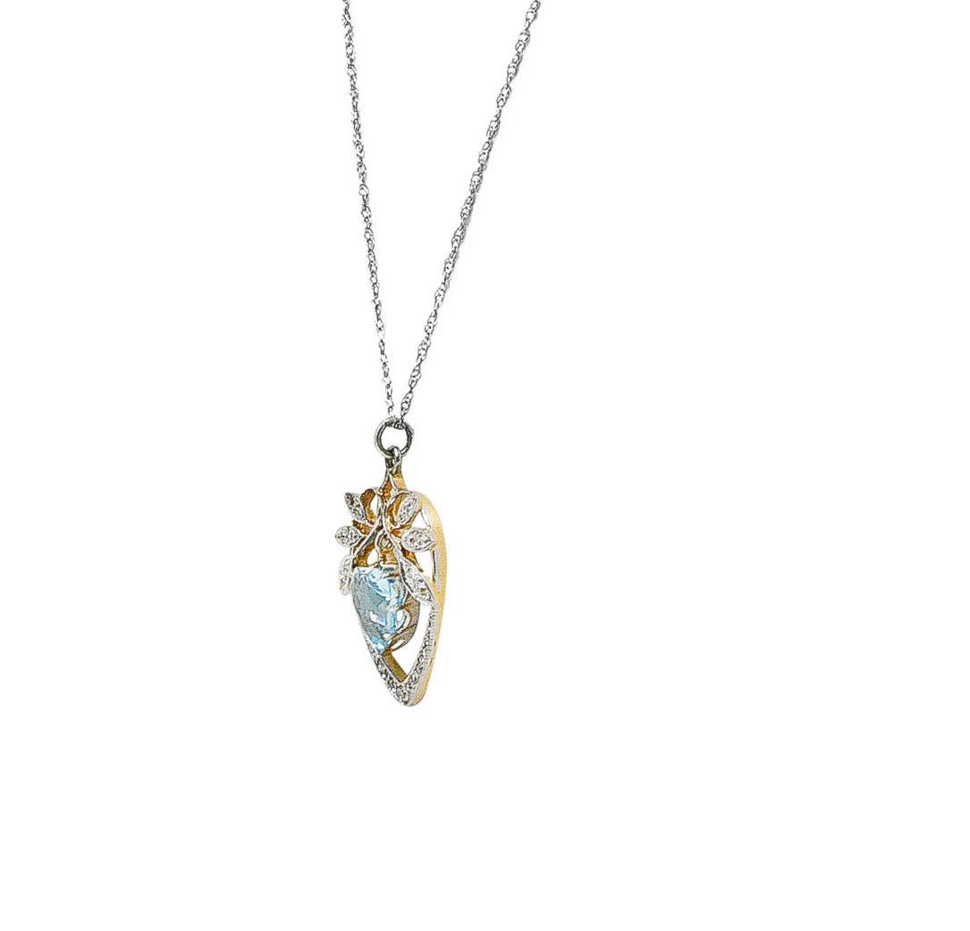 Edwardian 2.85 CTW Old European Cut Diamond Aquamarine Heart Foliate Antique Pendant Necklace - Image 5