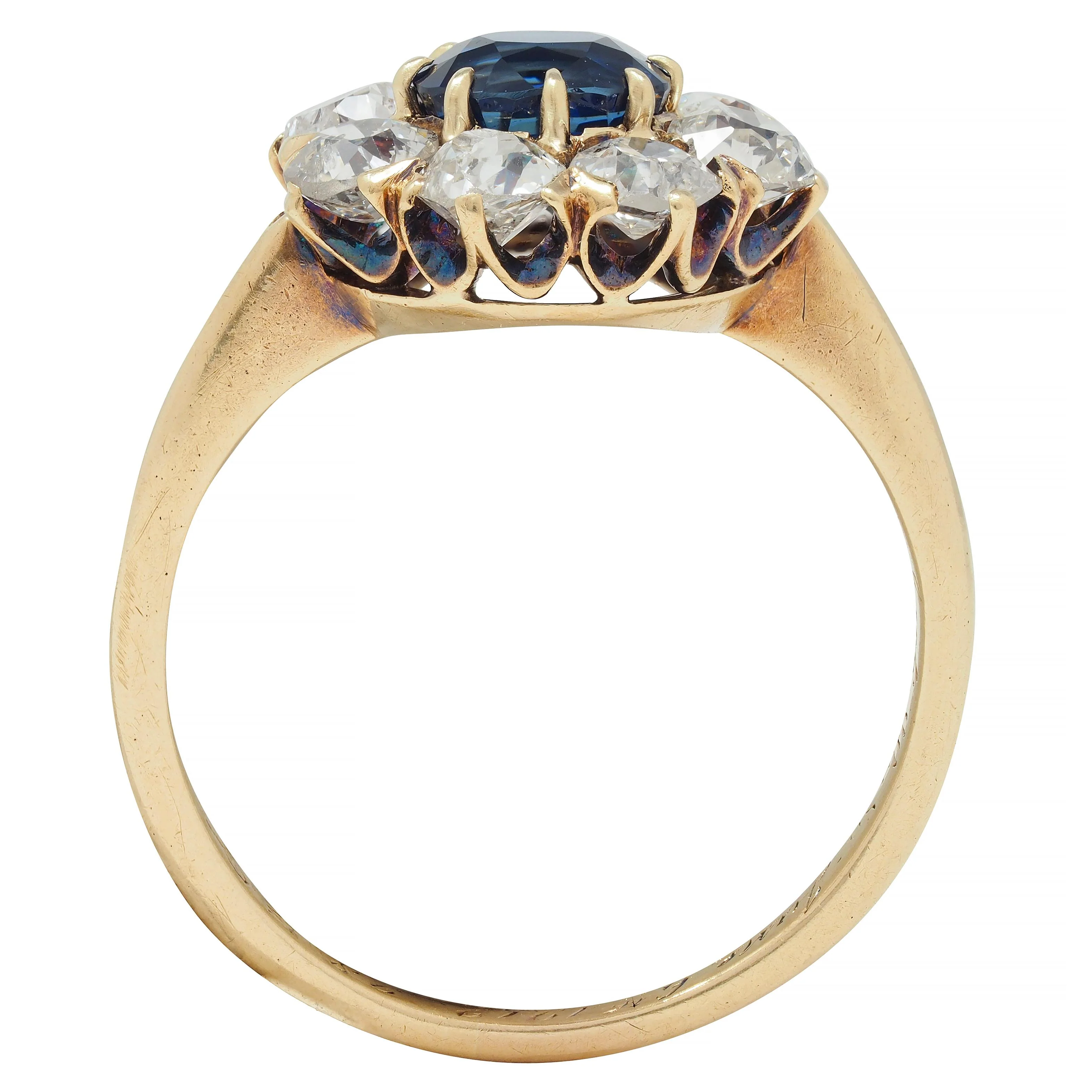 Edwardian 2.85 CTW Sapphire Diamond 14 Karat Yellow Gold Antique Cluster Ring GIA - Image 10