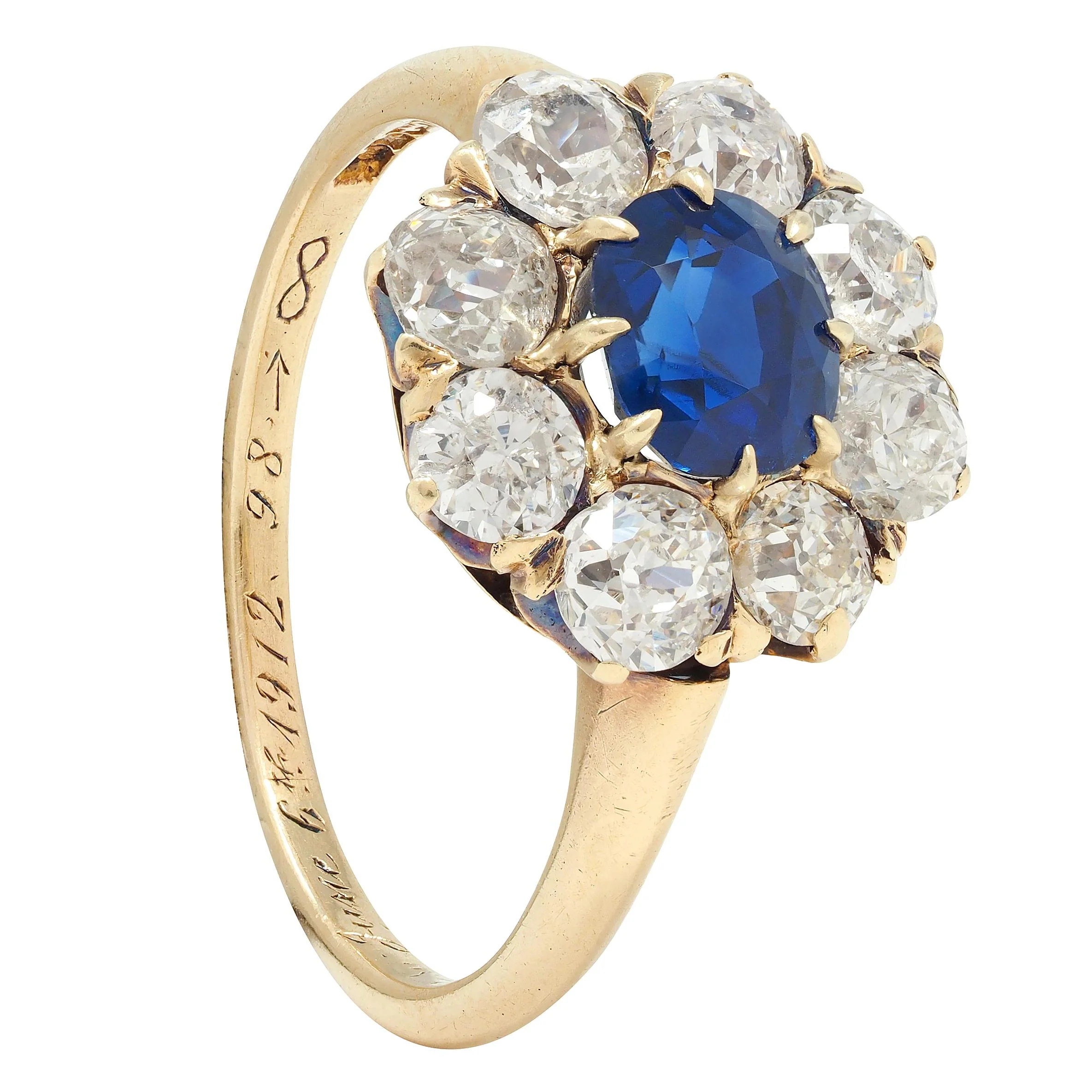 Edwardian 2.85 CTW Sapphire Diamond 14 Karat Yellow Gold Antique Cluster Ring GIA - Image 11