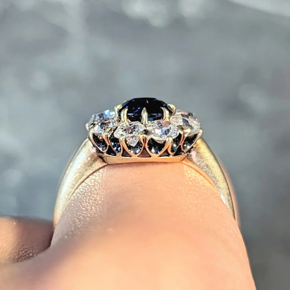 Edwardian 2.85 CTW Sapphire Diamond 14 Karat Yellow Gold Antique Cluster Ring GIA - Image 16