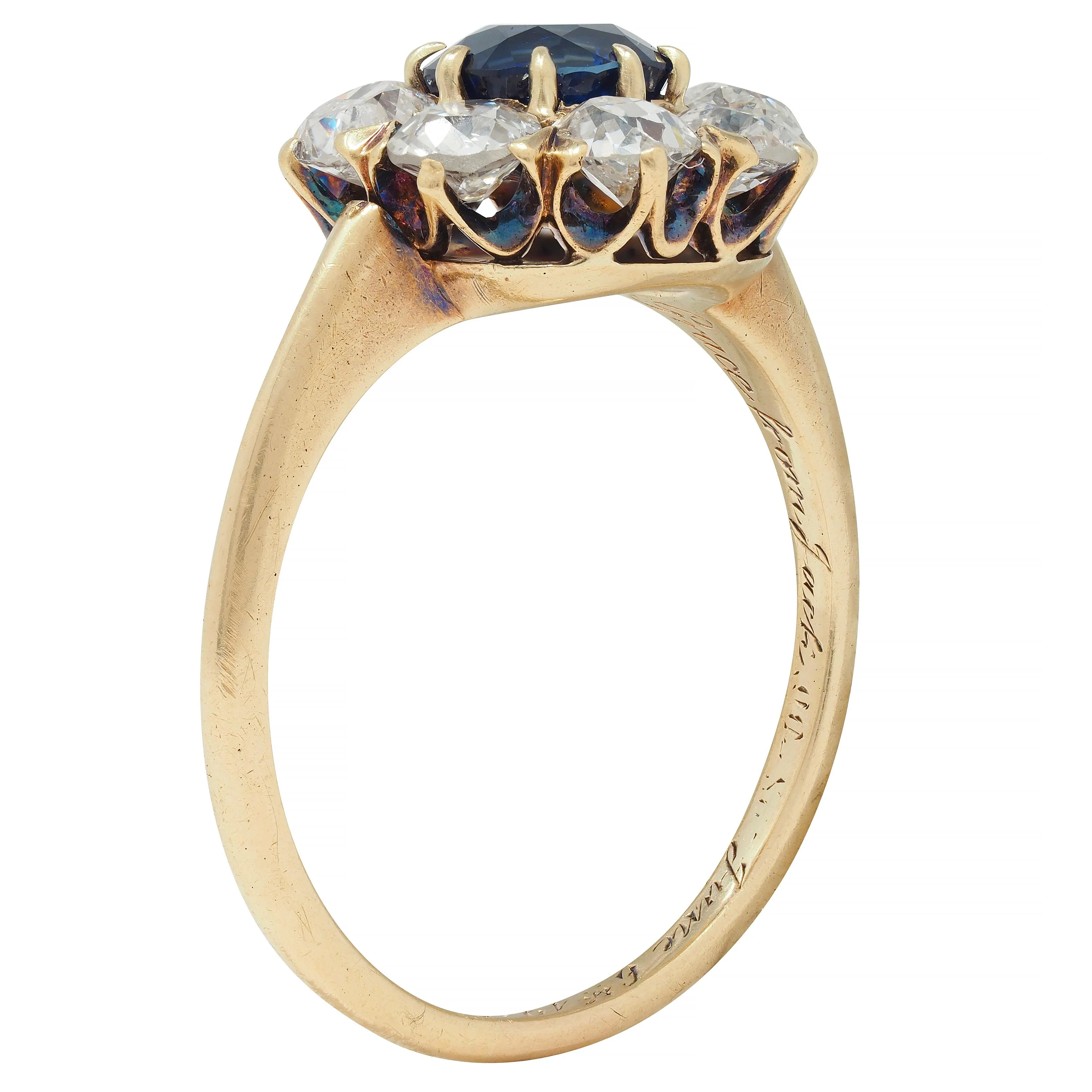 Edwardian 2.85 CTW Sapphire Diamond 14 Karat Yellow Gold Antique Cluster Ring GIA - Image 2