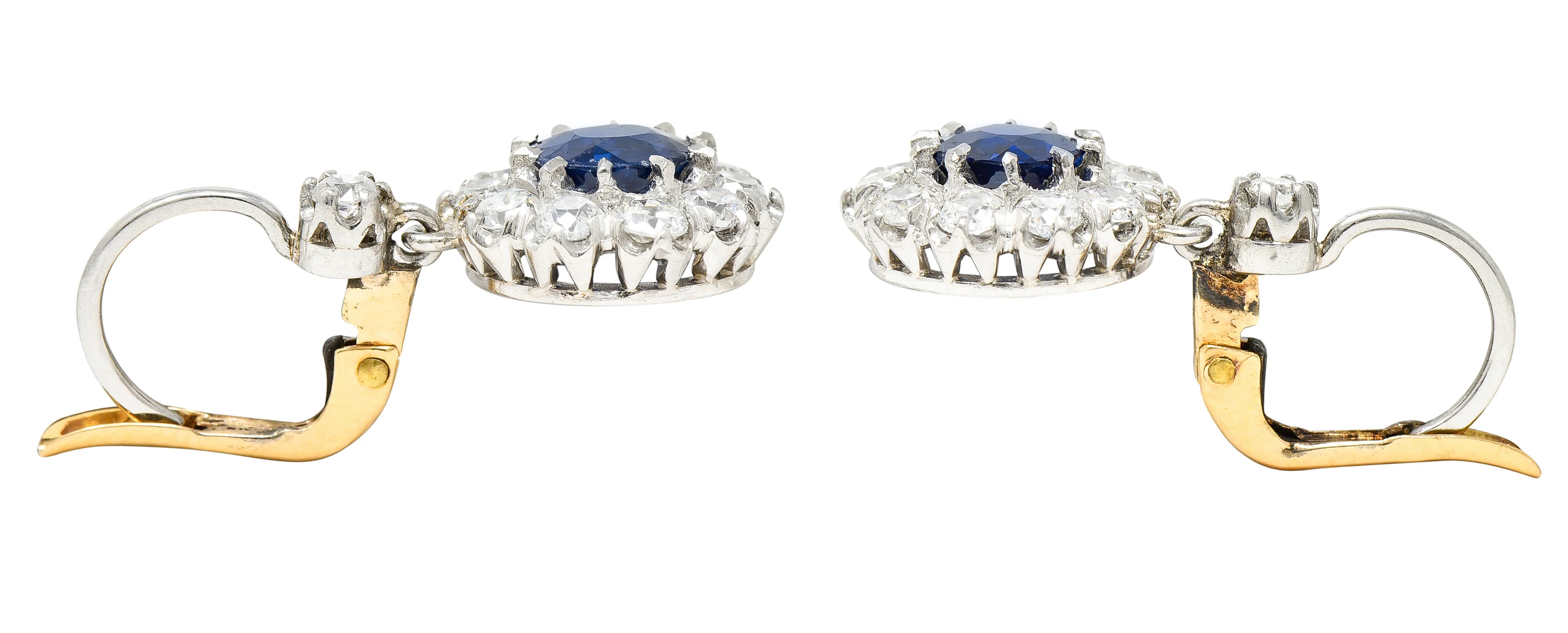 Edwardian 2.95 CTW Cushion Cut No Heat Cambodian Sapphire Old European Cut Diamond Platinum Cluster Antique Drop Earrings GIA - Image 6