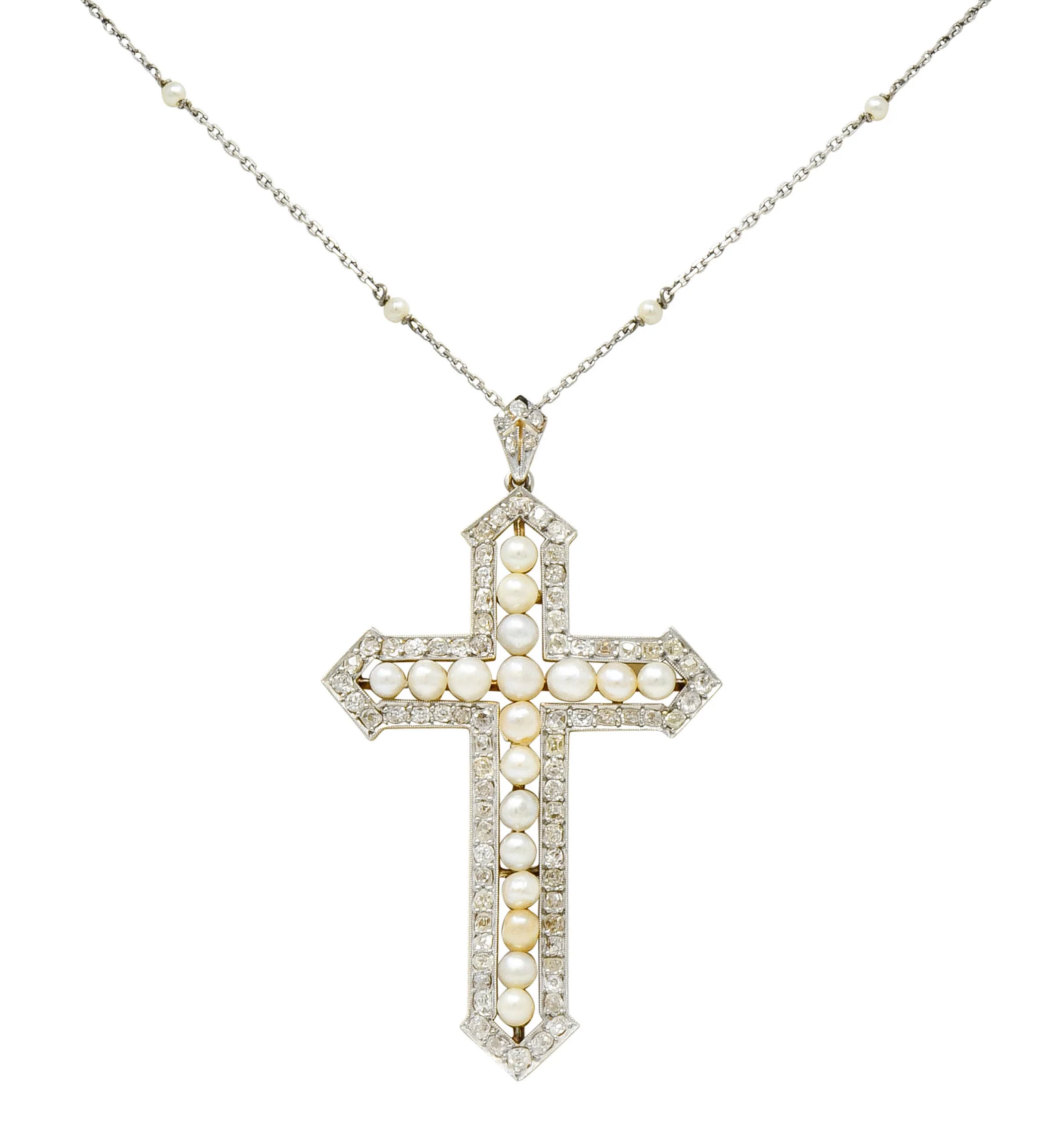 Edwardian 3.00 CTW Diamond Pearl Platinum-Topped 18 Karat Gold Cross Pendant Necklace
