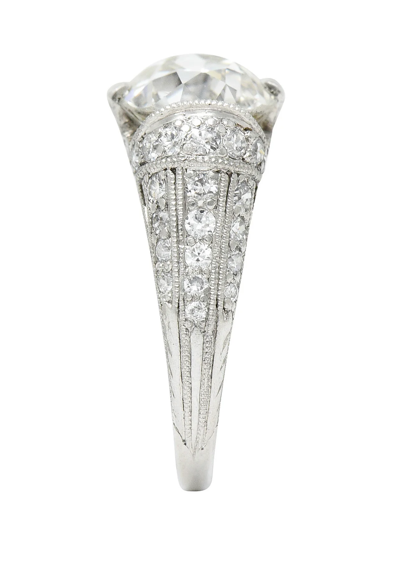 Edwardian 3.00 CTW Old Mine Cut Diamond Platinum Scrolled Feather Antique Engagement Ring - Image 10