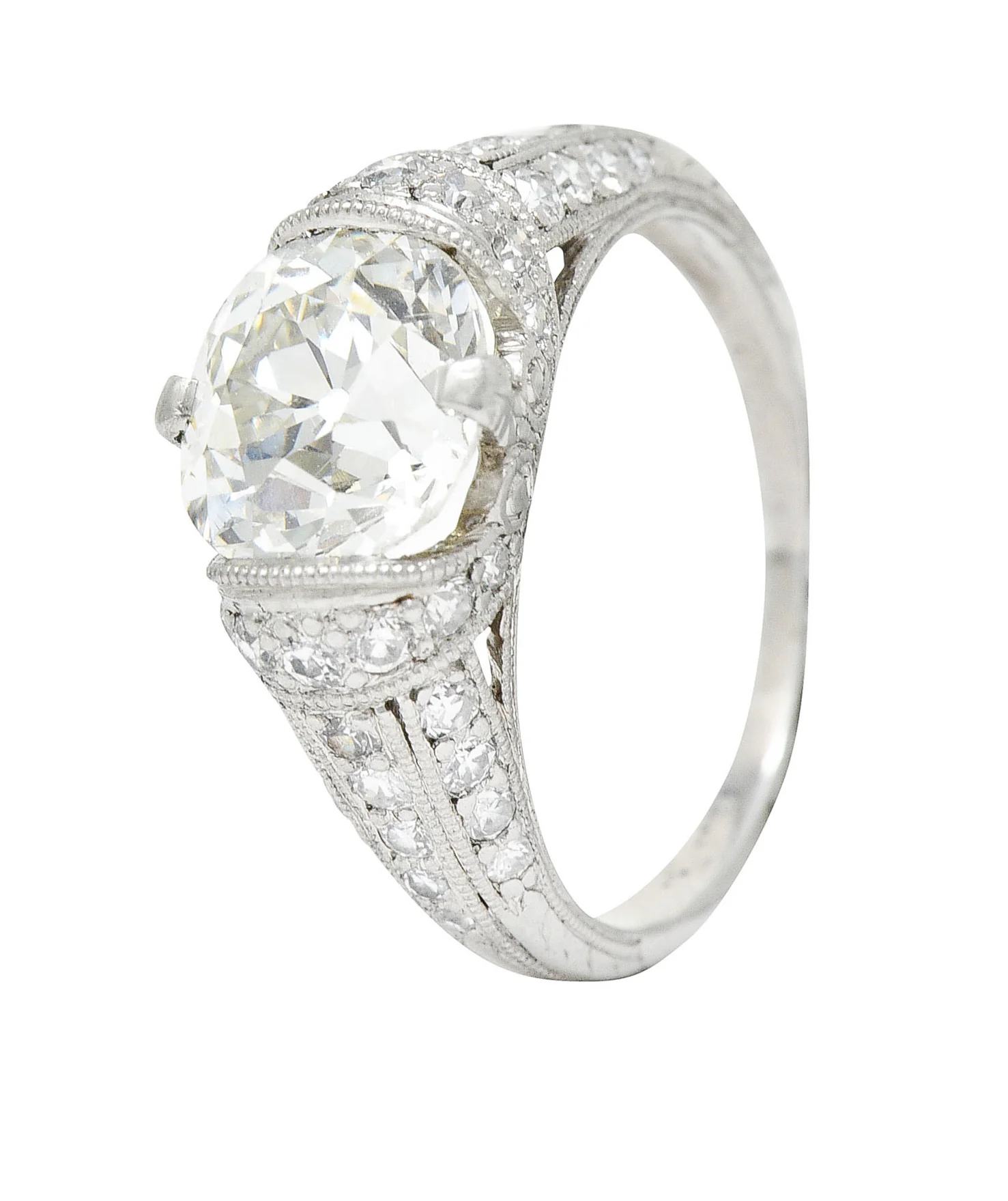 Edwardian 3.00 CTW Old Mine Cut Diamond Platinum Scrolled Feather Antique Engagement Ring - Image 11