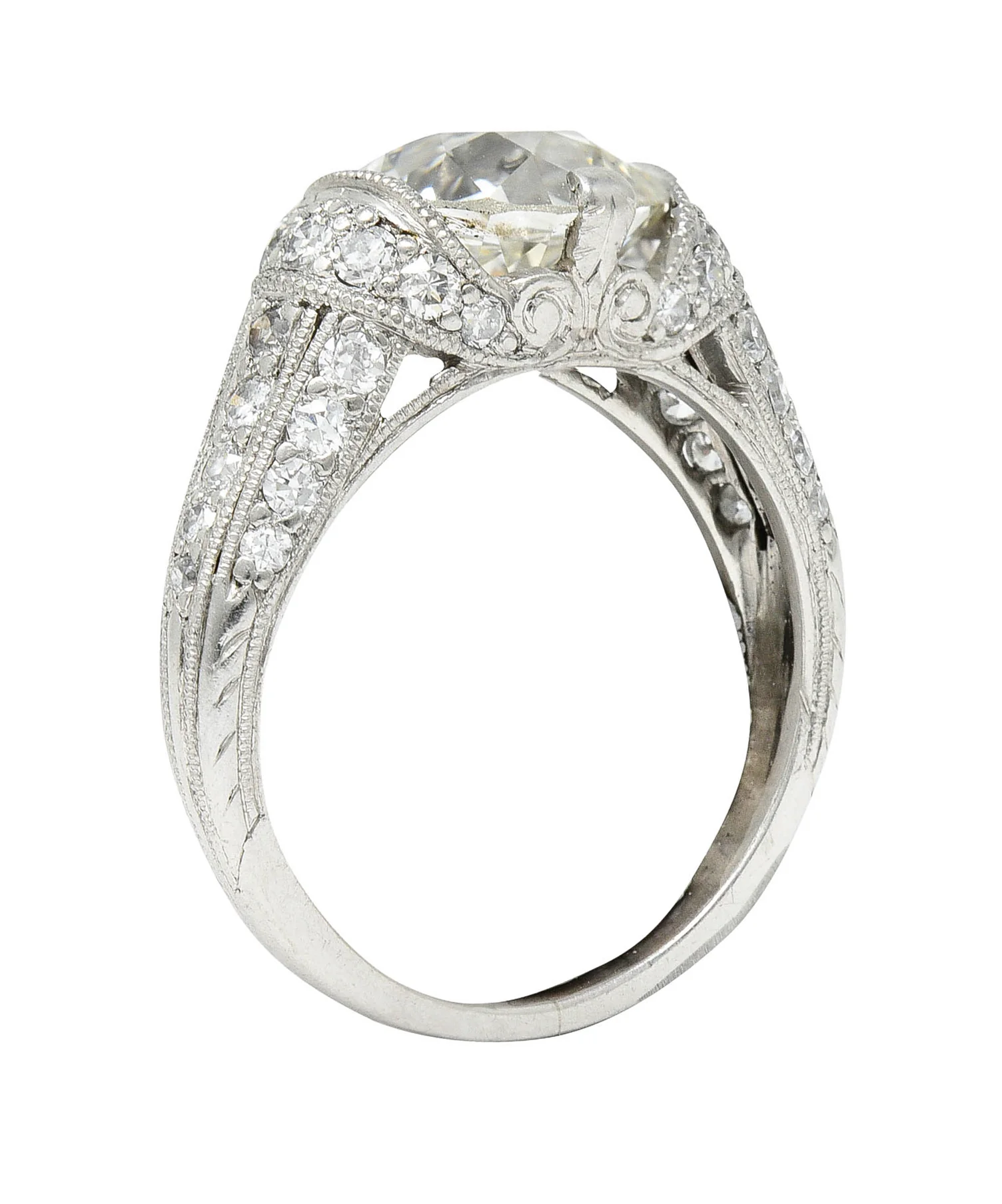 Edwardian 3.00 CTW Old Mine Cut Diamond Platinum Scrolled Feather Antique Engagement Ring - Image 2