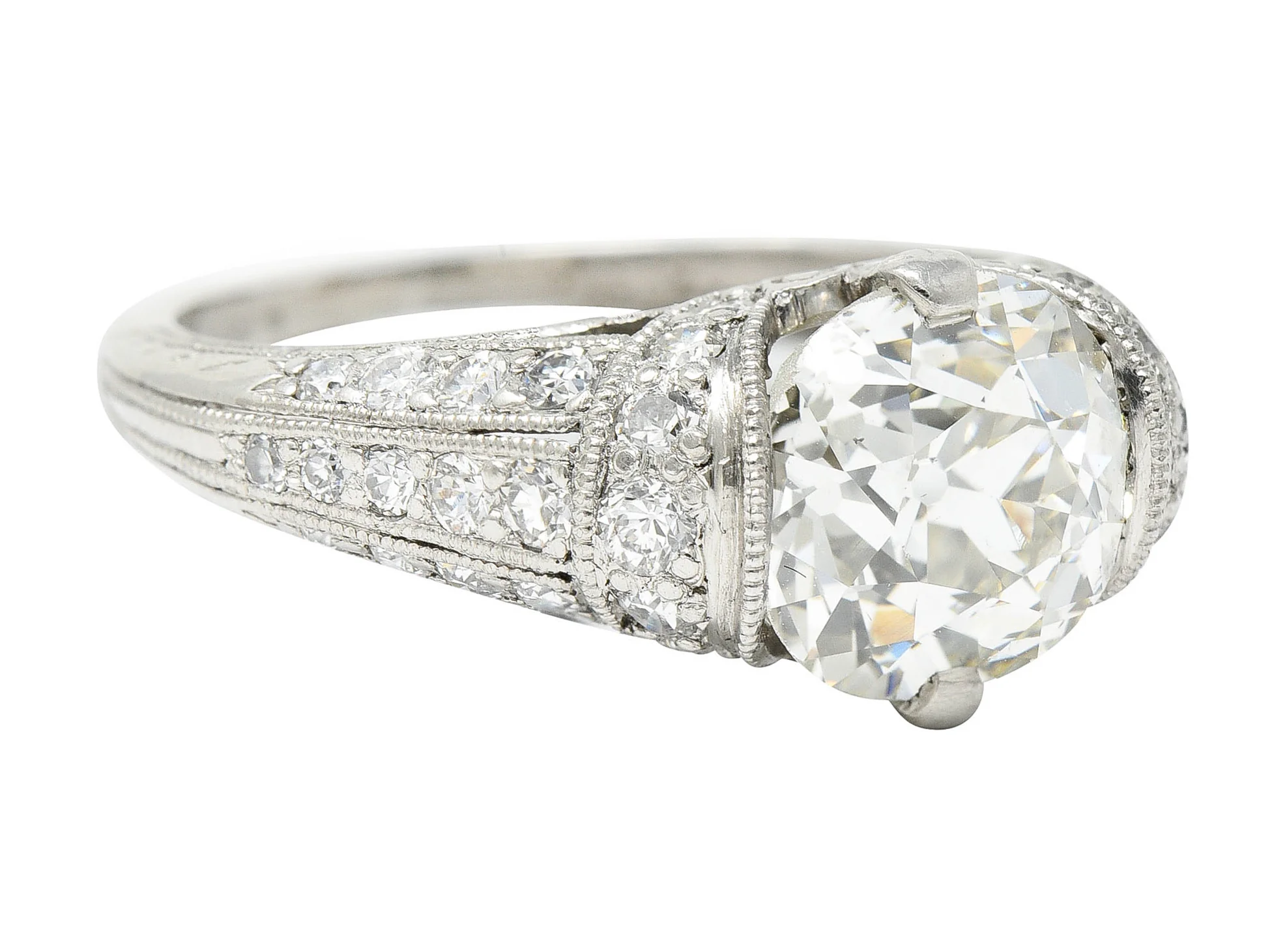Edwardian 3.00 CTW Old Mine Cut Diamond Platinum Scrolled Feather Antique Engagement Ring - Image 3