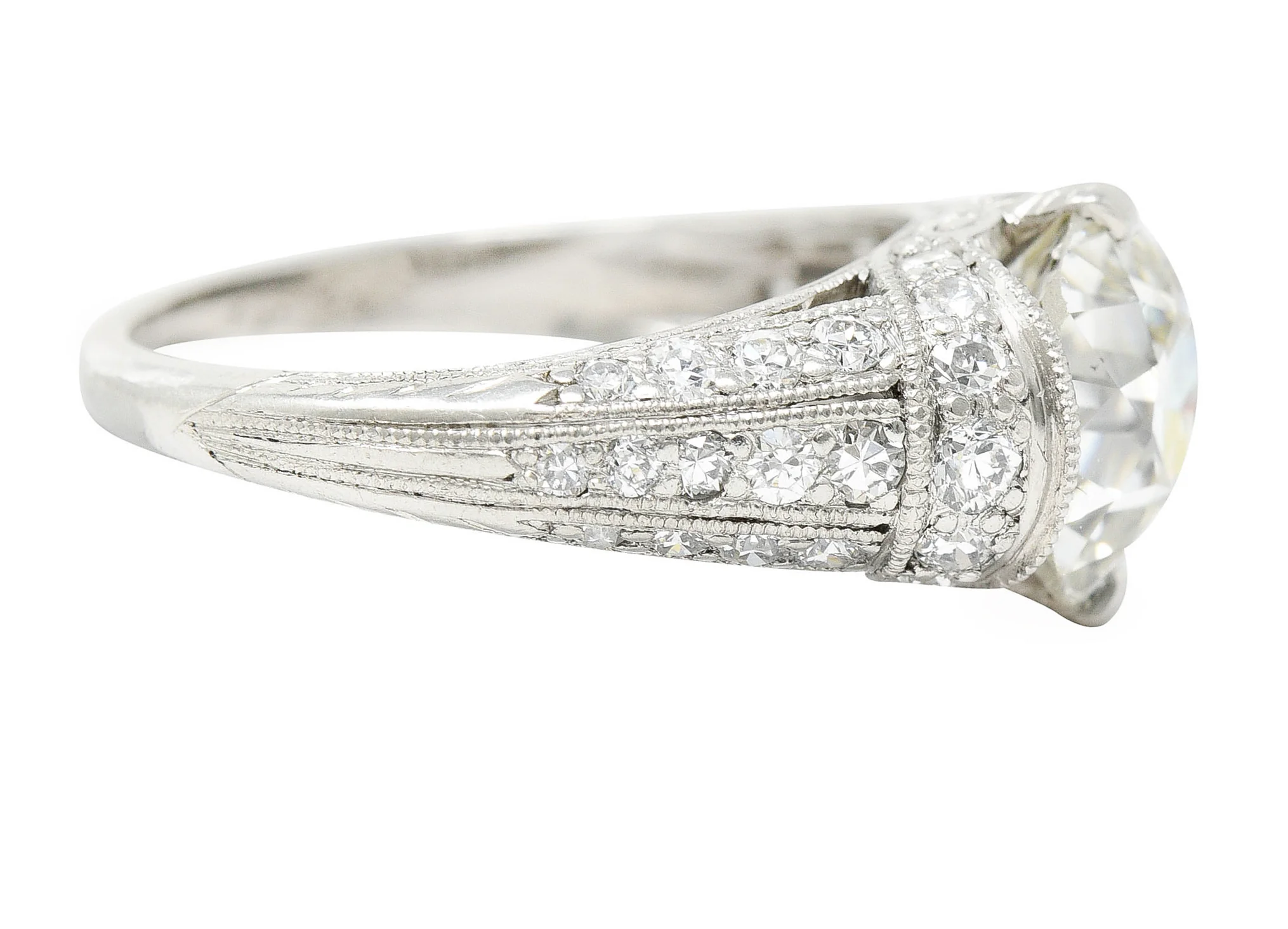 Edwardian 3.00 CTW Old Mine Cut Diamond Platinum Scrolled Feather Antique Engagement Ring - Image 4