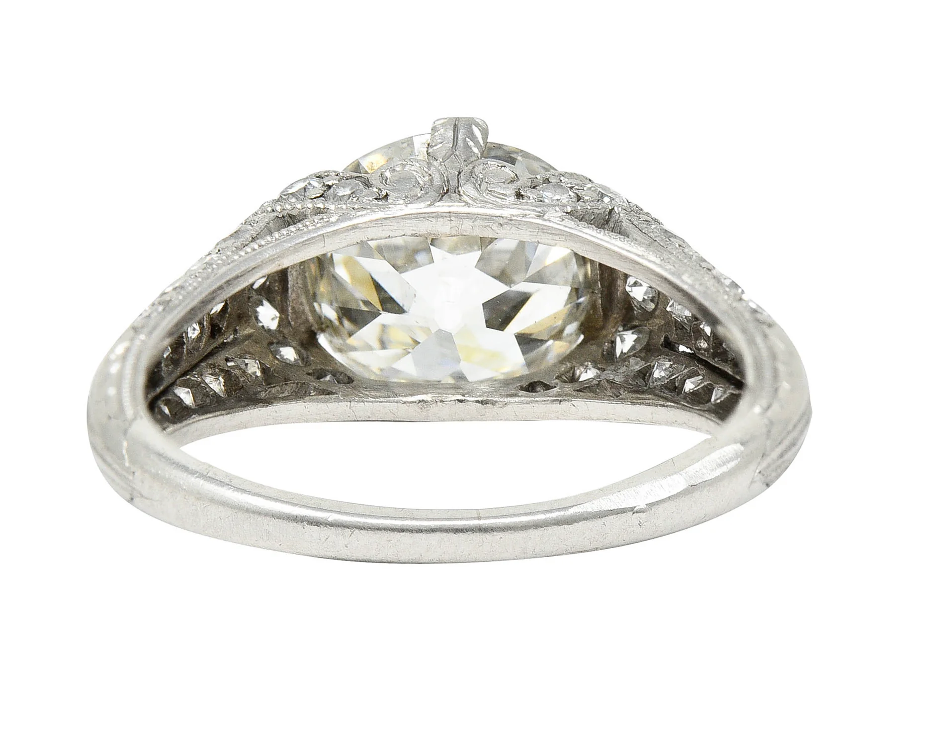 Edwardian 3.00 CTW Old Mine Cut Diamond Platinum Scrolled Feather Antique Engagement Ring - Image 5