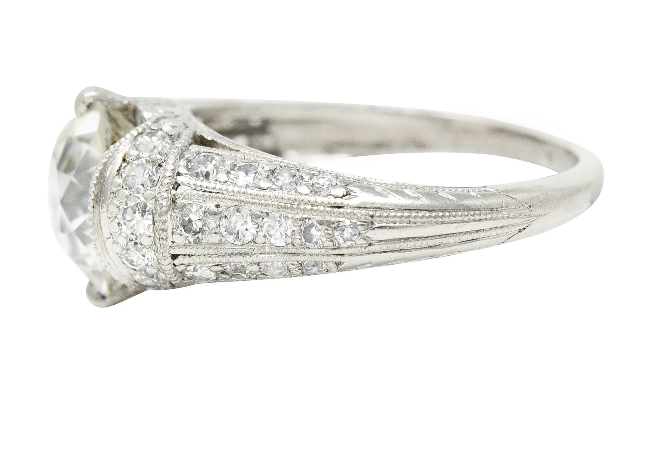 Edwardian 3.00 CTW Old Mine Cut Diamond Platinum Scrolled Feather Antique Engagement Ring - Image 6