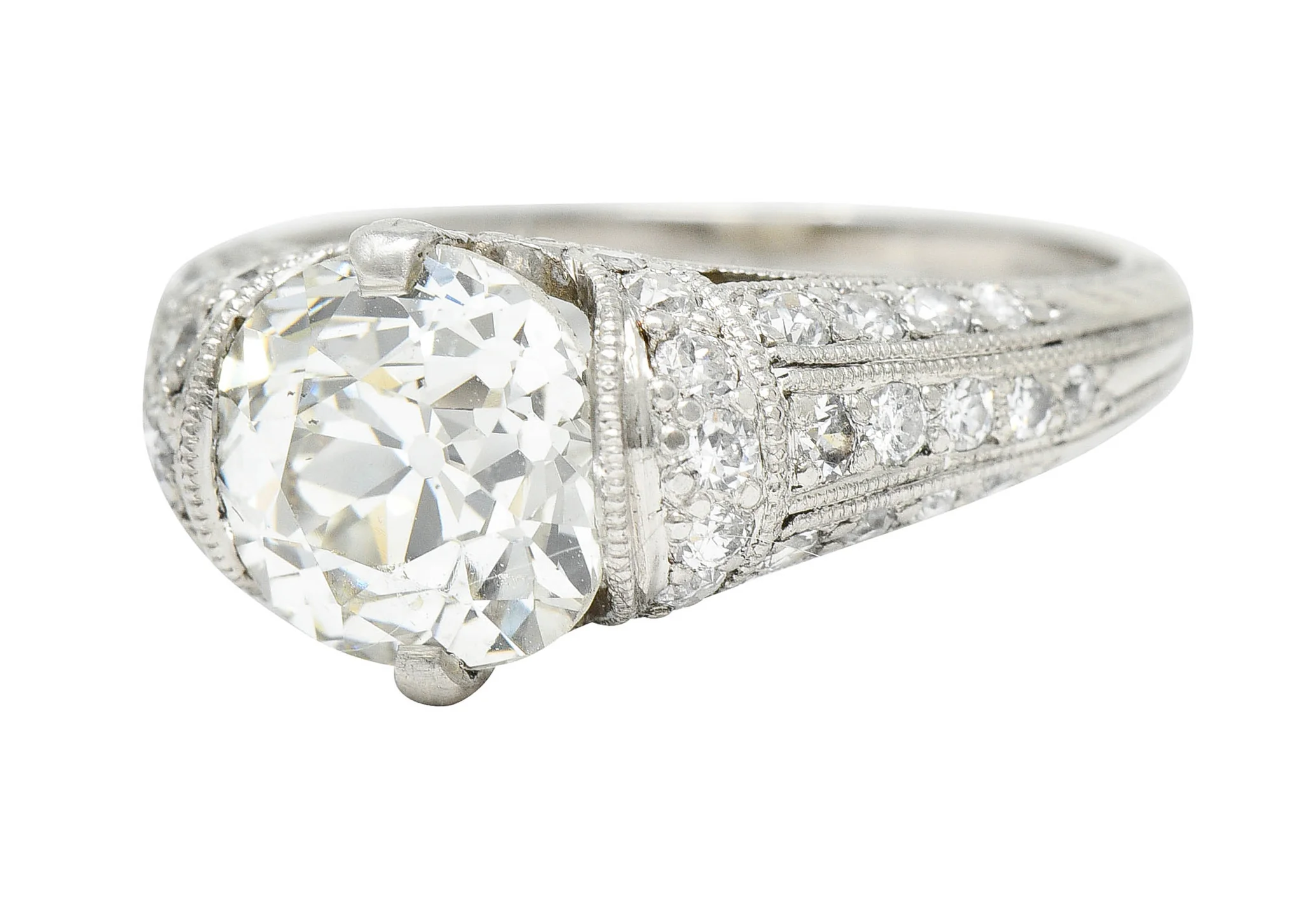 Edwardian 3.00 CTW Old Mine Cut Diamond Platinum Scrolled Feather Antique Engagement Ring - Image 7