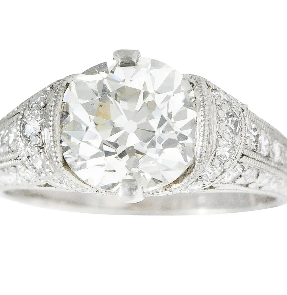 Edwardian 3.00 CTW Old Mine Cut Diamond Platinum Scrolled Feather Antique Engagement Ring - Image 8